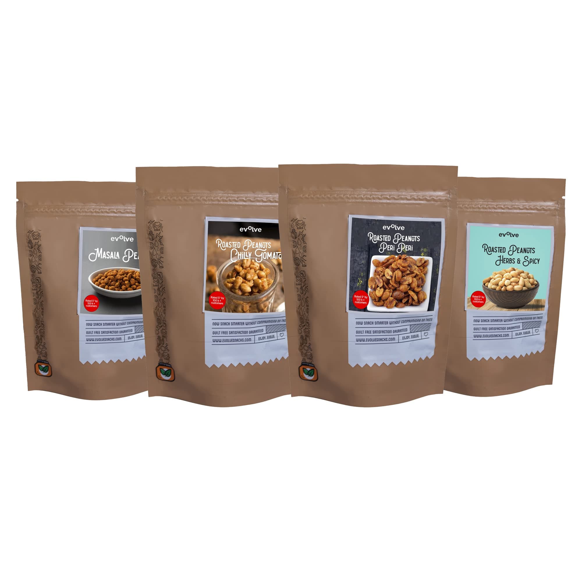 Evolve Roasted Peanuts Healthy Snacks Combo | Gluten Free, High Protein, Rich Fiber | Masala, Herbs & Spicy, Chilli Tomato, Peri Peri Flavors | Crunchy Mungfali Singdana, 100g Pack of 4