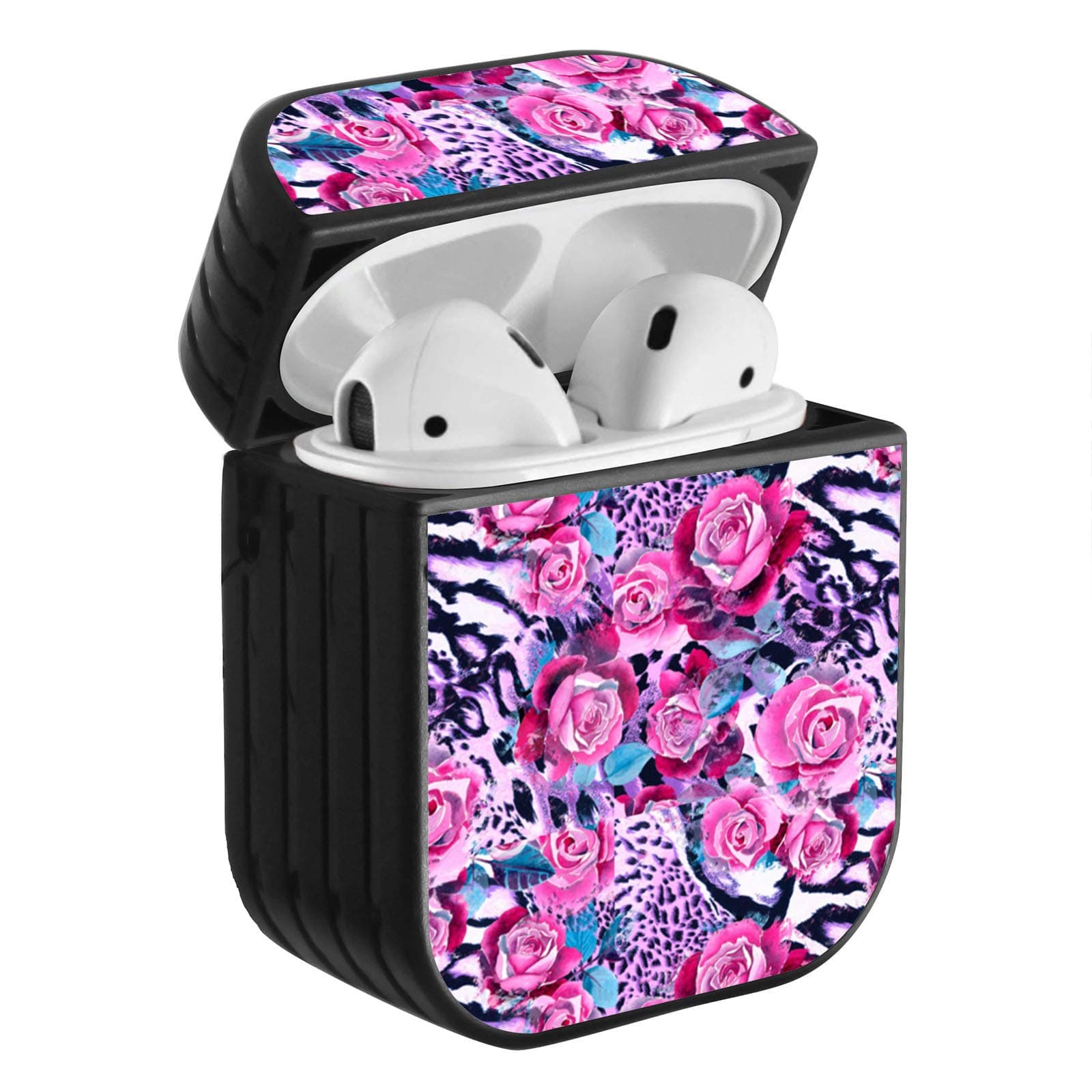 Shockproof Portable Protective Hard Printing Pattern Cover Case with Carabiner Compatible with AirPods 2 & 1 / Pink Rose on Leopard Skin Imprint