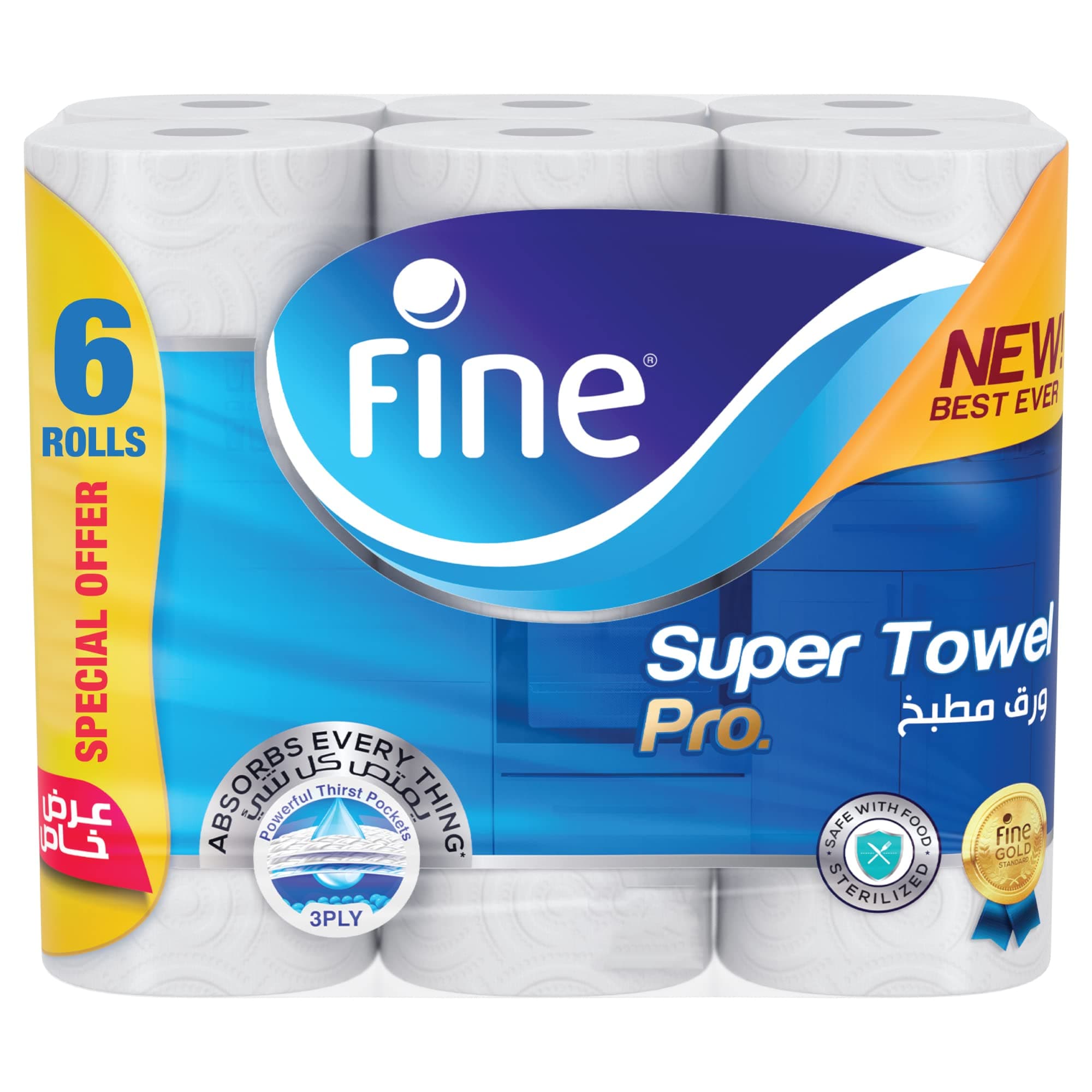 Fine Super Towel Pro, Highly Absorbent, Sterilized & Half Perforated Kitchen Paper Towel, 3 Plies,Pack of 6 Rolls