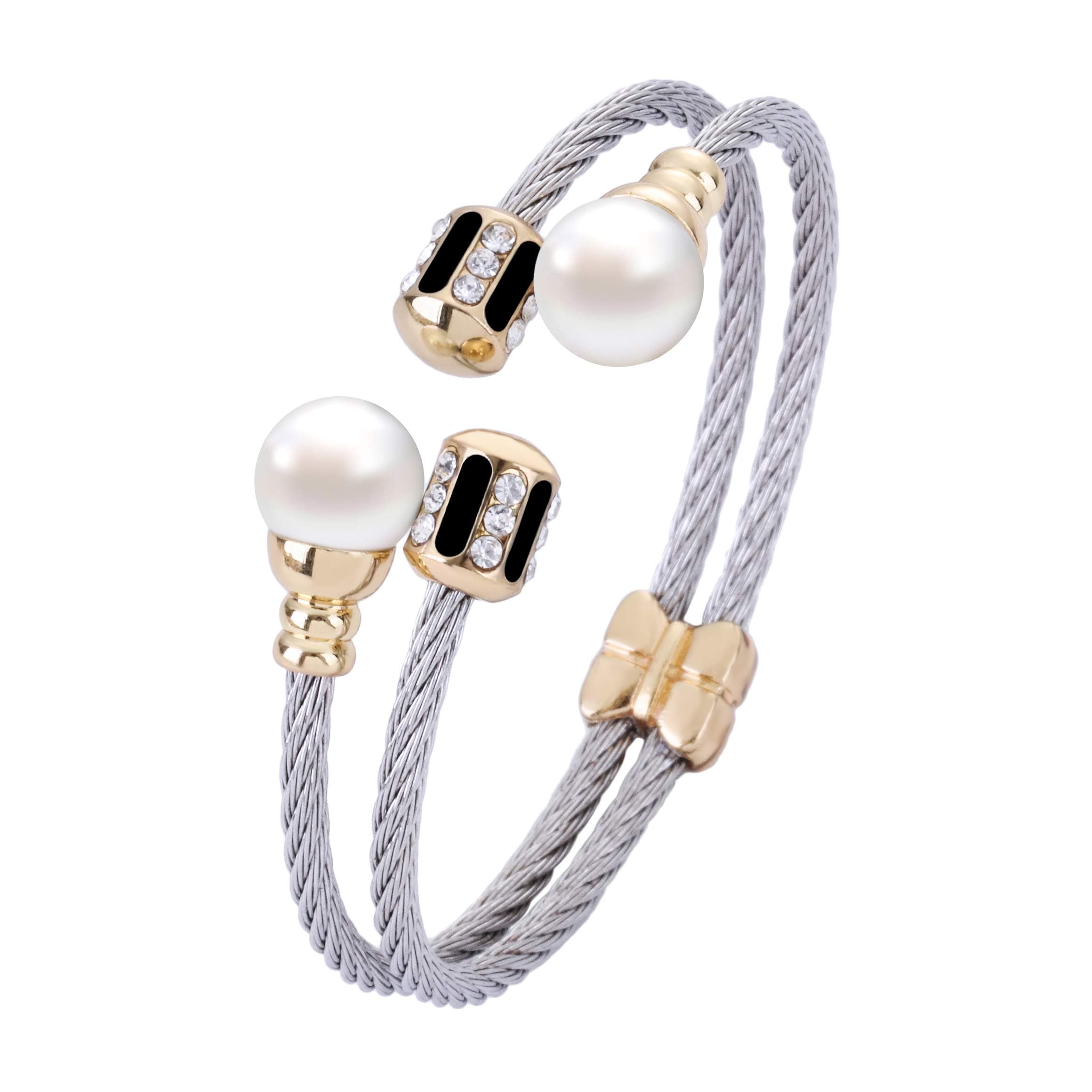 LOCKSUN Delicate Silver Plated Stainless Steel Shell Pearl Open Cuff Bangle Bracelet for Women Girl with Jewellery Box