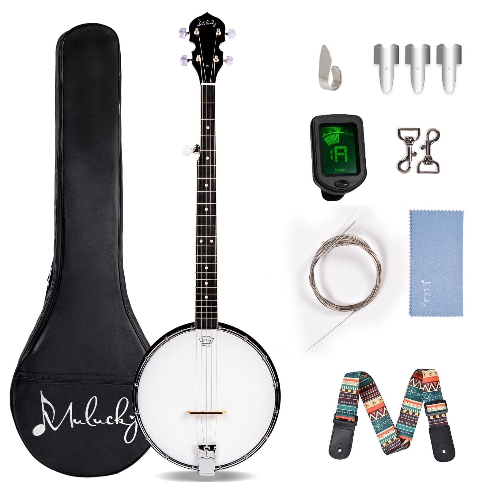Mulucky 5 String Banjo - Open Back, Geared 5th Tuner, Gift Package with Beginner Kit - MB1102