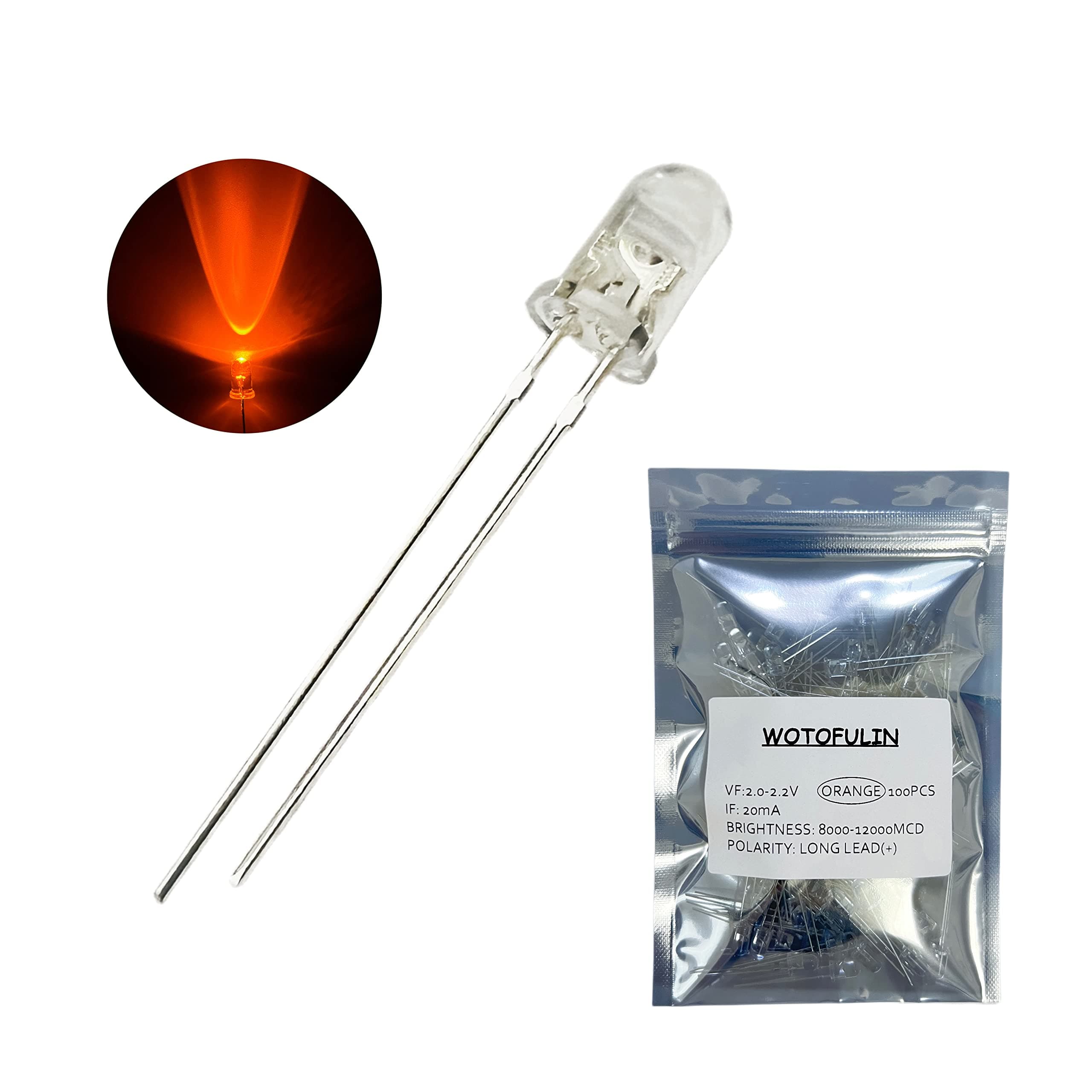 LED Diode Lights 5mm Orange LED Light Bulbs 100pcs DC 2V 20mA Round Clear Lens Electronics Components Light Emitting Diodes
