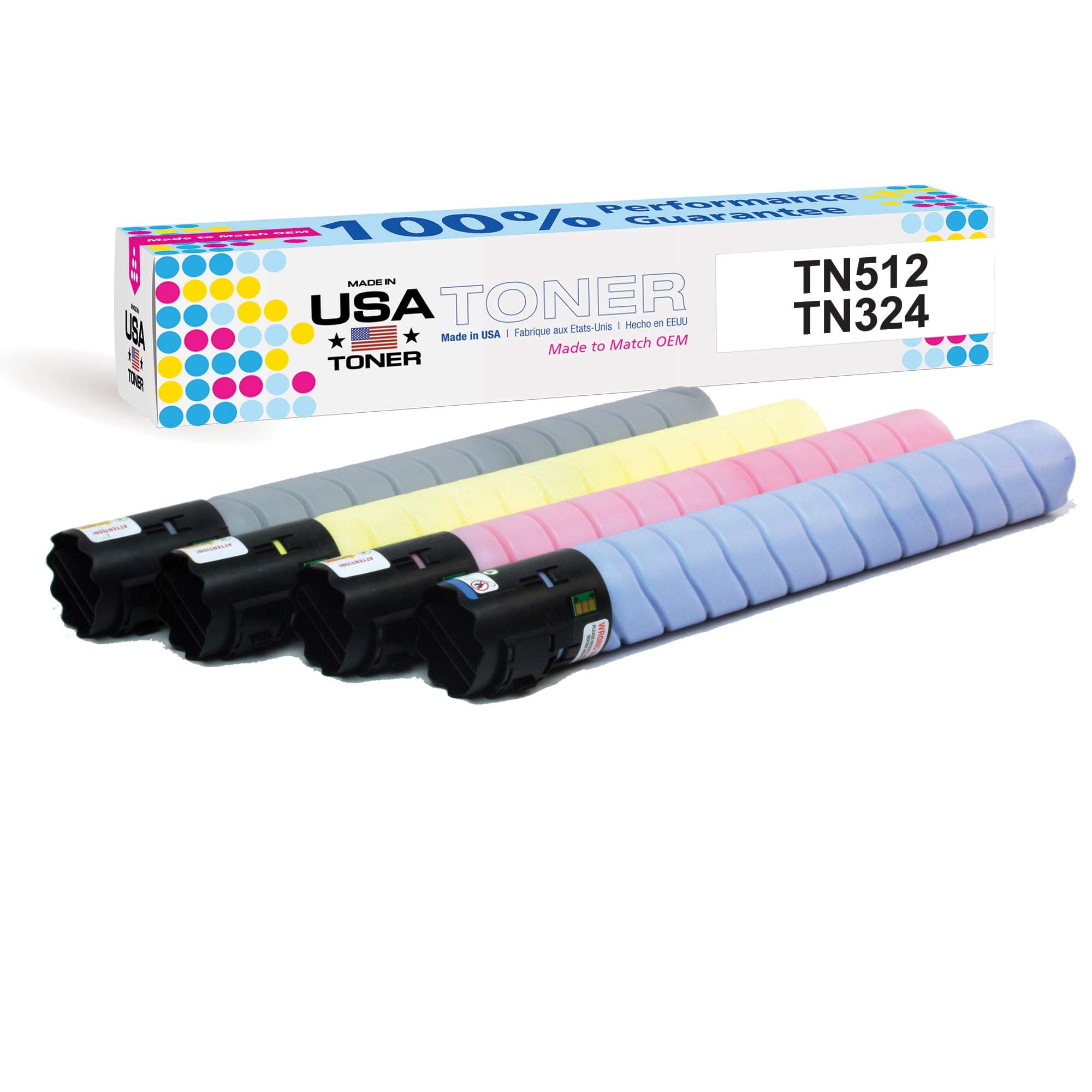 MADE IN USA TONER Compatible Replacement for use in Konica Minolta bizhub C258, c308, c368, c454, c554, C454e, C554e Universal (TN-324K/C/M/Y, TN-512C/M/Y/K) (Black,Cyan,Yellow,Magenta, 4-Pack)