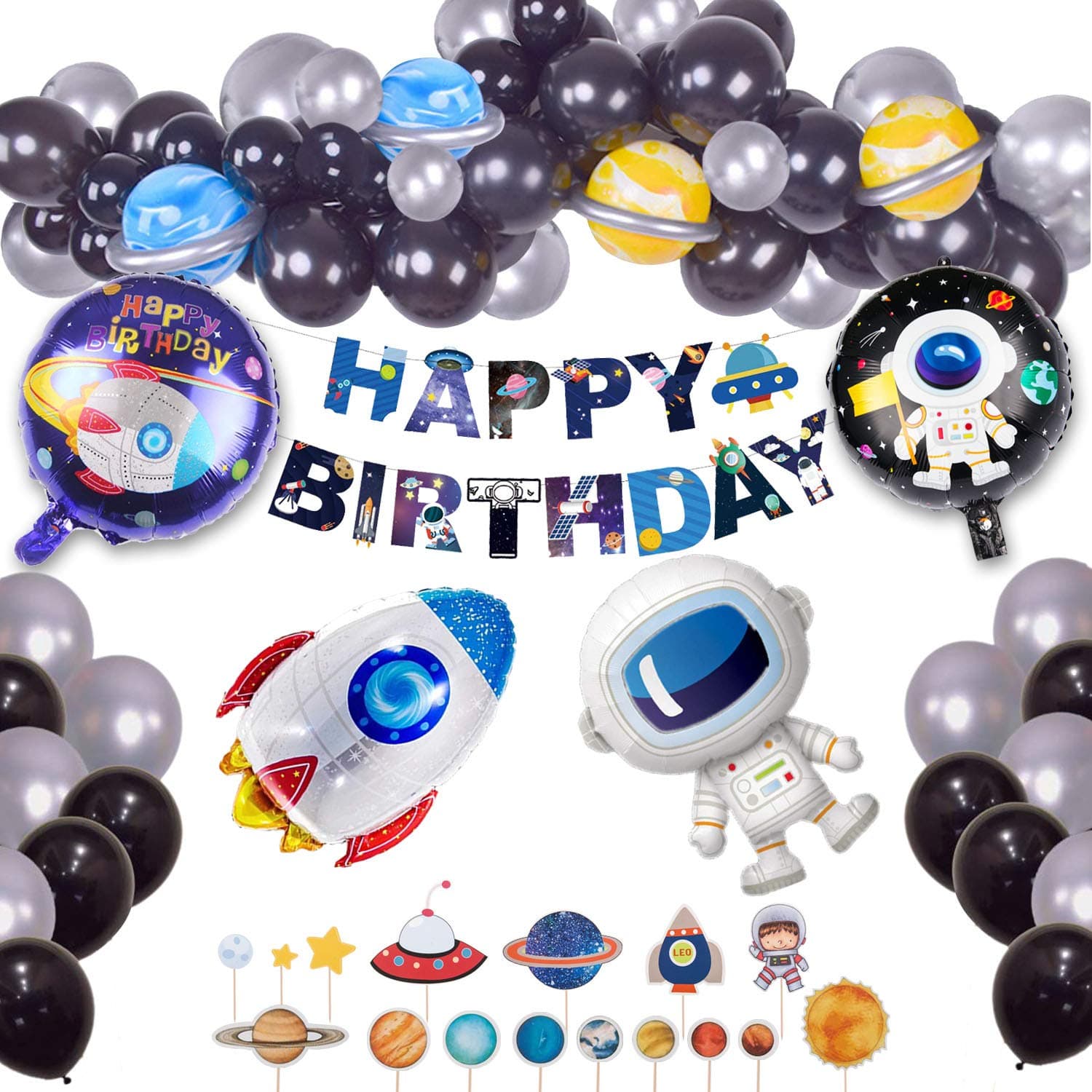 76 pack Outer Space Birthday Party Decorations Astronaut Rocket Balloons Happy Birthday Banner Cupcake Toppers Metallic Silver Black Latex Balloons Space Party Decorations