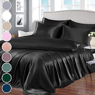 Homiest 7pcs Satin Sheets Queen Size Bed Set - Black Luxury Silky Satin Bedding, 1 Deep Pocket Fitted Sheet, 1 Soft Flat Sheet, 4 Pillowcases, 1 Body Pillowcase