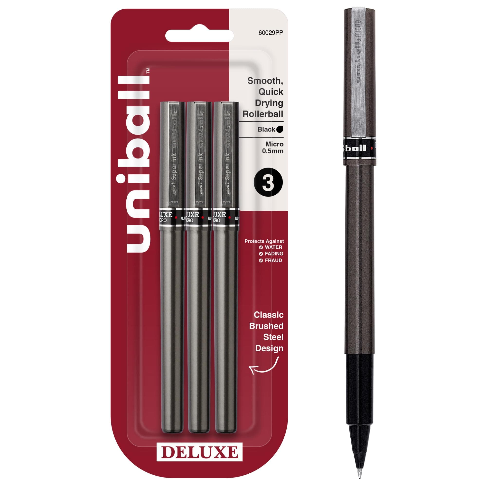 (3-Count, Micro Point, Black) - uni-ball Deluxe Rollerball Pens, Micro Point (0.5mm), Black, 3 Count