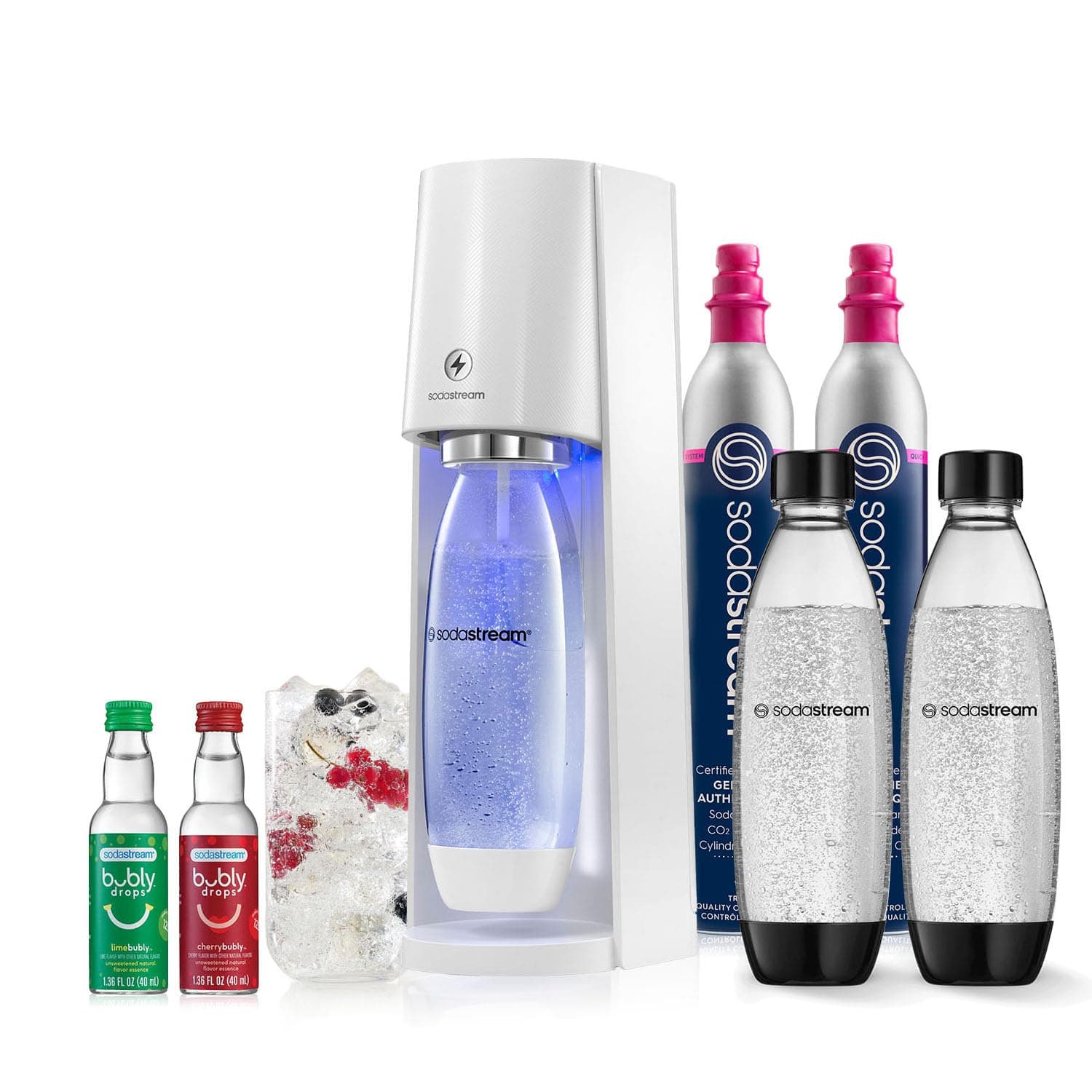 E-TERRA Sparkling Water Maker Bundle (White), with CO2, Carbonating Bottles, and bubly Drops Flavors