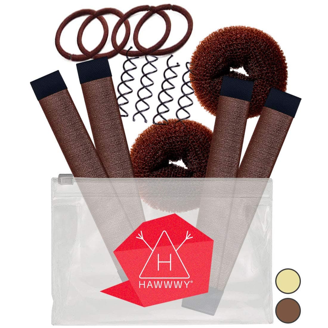 Brown Magic Hair Bun Shaper 8-PACK MINI BUNS | Essentials for the Small Hair Buns | 2 Donuts + 2 Snap Bun Makers + 4 Spin Pin Bobby Pins | Ballet Bun Maker Kids | Easy Hair Bun Women Girls Kids