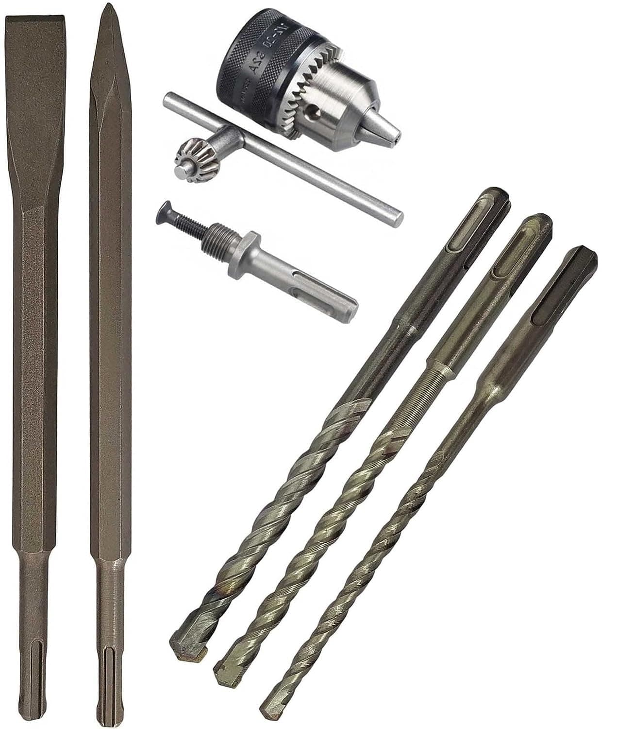 Alloy Steel SDS-Plus Flat Chisel & Point Bit Set for Rotary Hammer Drills, 6/8/10mm X 160mm Masonry Twin Spiral With 1/2" 3-Jaw Key Chuck and Adapter, 1.5-13mm Capacity