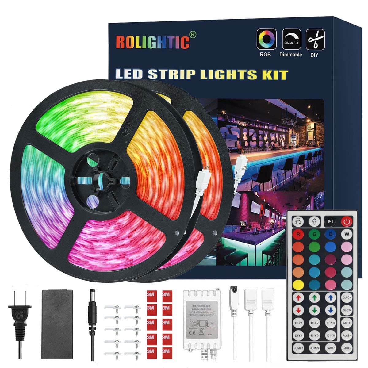 ROLiGHTiC Led Strip Lights, 32.8FT Color Changing Led Lights for Bedroom, 5050 RGB Led Tape Lights with Remote Controller for Home, Party, TV, DIY Decoration