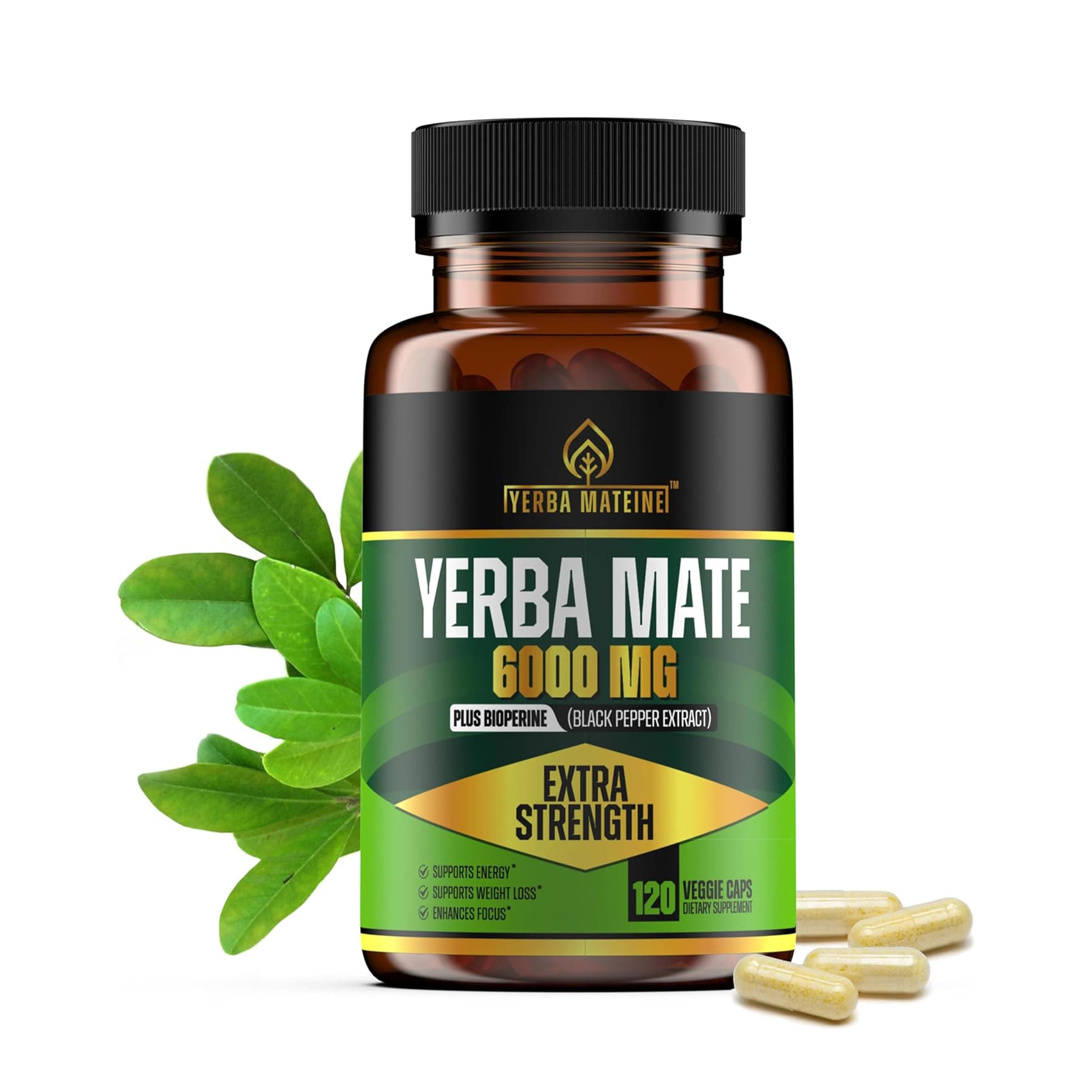 Extra Strength Yerba Mate High Potency, 60mg Caffeine Per Capsule, Extract Pills Supplements for Clean Natural Energy, Made in USA - 120 Caps