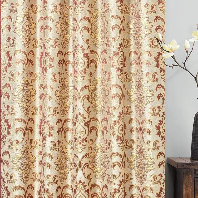 GOHD Samba Star. Jacquard Window Curtain Panel Drape with Attached Fancy Valance and Taffeta Backing. 2pcs Set. Each pc 54" Wide x 90" Drop with 18" Valance. (Burgundy)