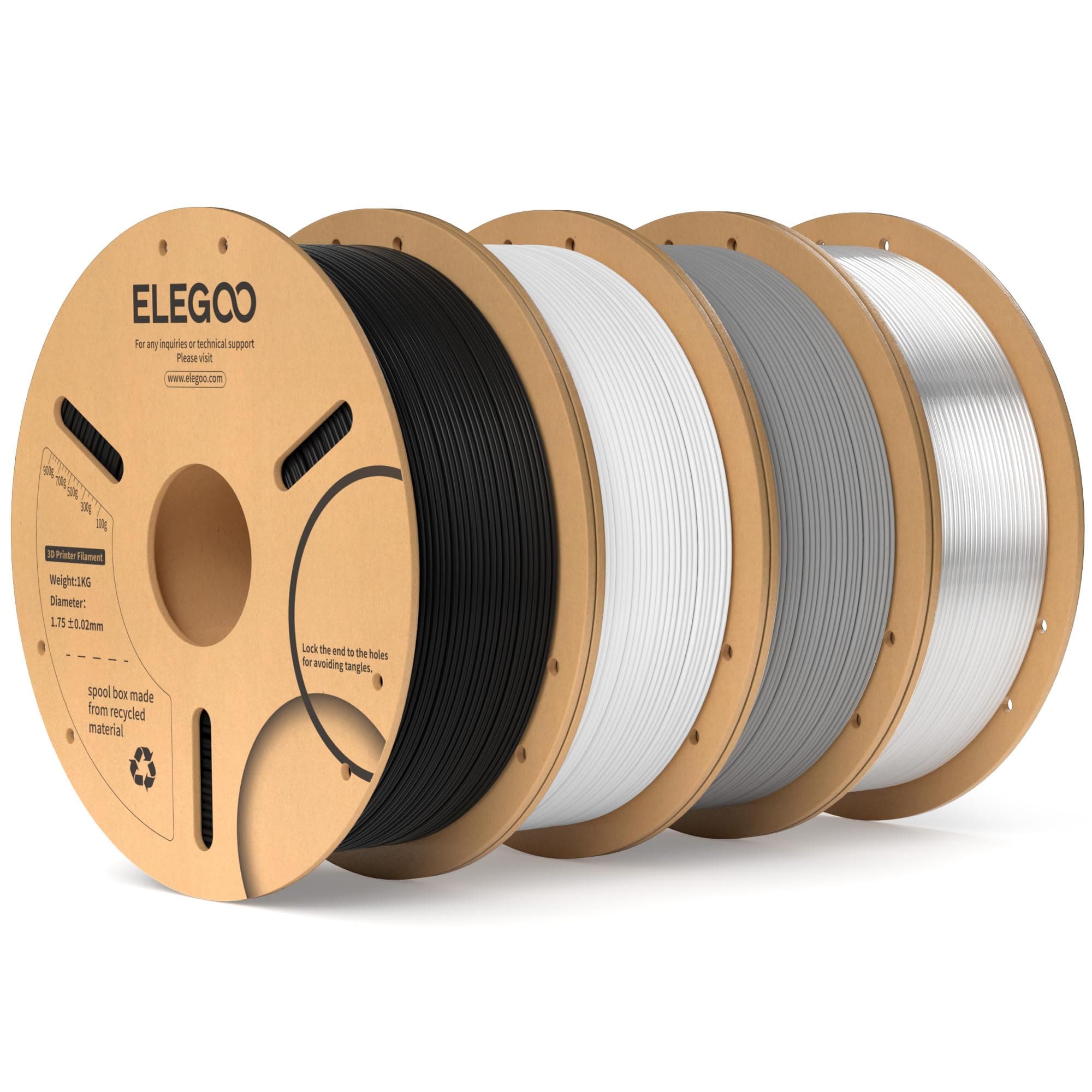 ELEGOOPLA Filament 1.75mm Bundle 4KG, 3D Filament Dimensional Accuracy +/- 0.02mm, 1kg Cardboard Spool(2.2lbs) 3D Printing Filament Fits for Most FDM 3D Printers(Black, White, Grey, Clear)