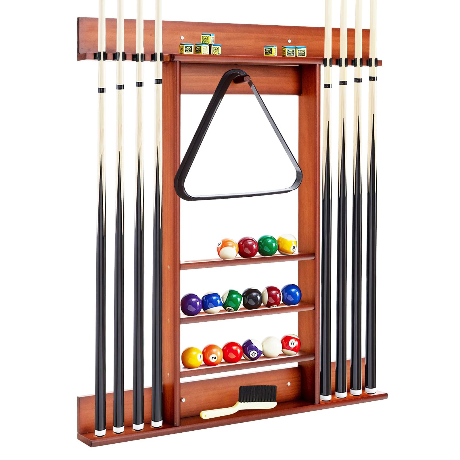GYMAX Billiards Pool Cue Rack, Wall-Mounted Pool Stick Holder Holds 8 Cues, 16 Billiard Balls and 1 Ball Rack, Solid Pine Wood Billiards Equipment for Man Cave, Billiard Room, Game Room & Club, Brown