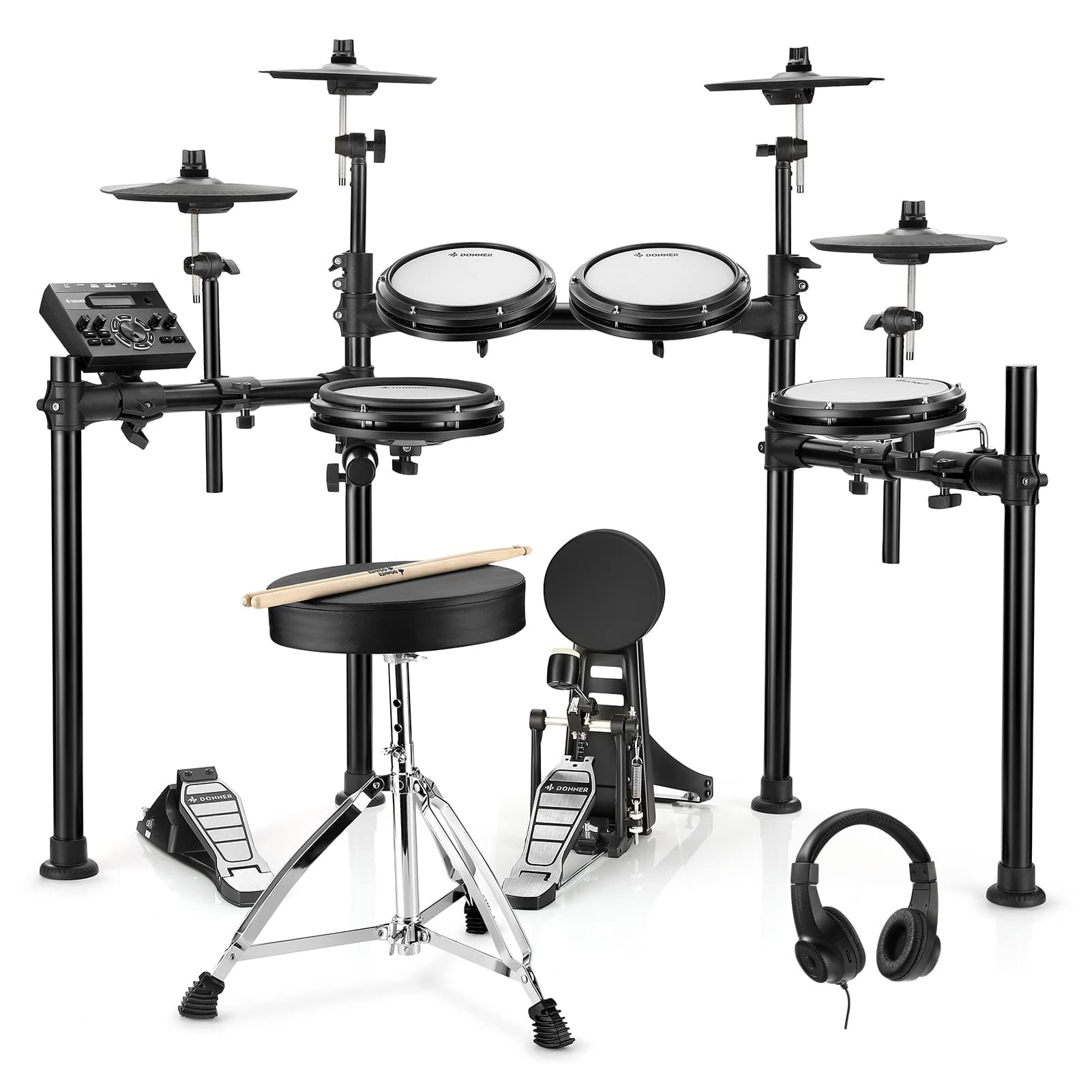 Donner DED200X E Drum Set, E Drums with Quiet Mesh Drum Pads, 2 Cymbals with Choke, 31 Kits and Over 450 Sounds, Throne, Headphones, Sticks, USB MIDI, Melody Lessons (5 Pads, 4 Cymbals)