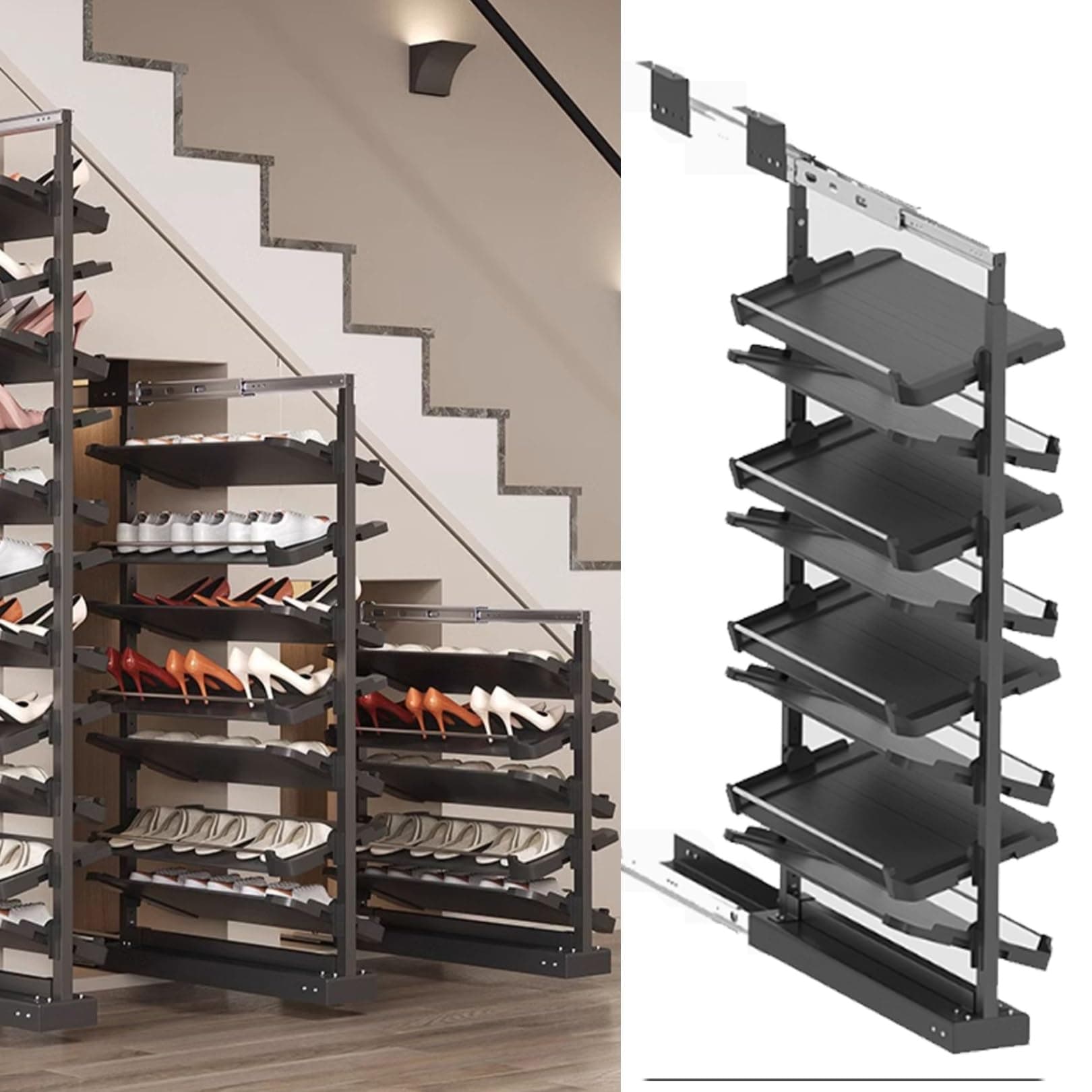 Pull-Out Shoe Rack Organizer for Closet Shoe Cabinet,Adjustable Height Retractable Metal Stackable Shoe Rack, Vertical Shelf Organizer for Small Bedroom Closet, Space Saving Storage, Black(50cm,8 Tier