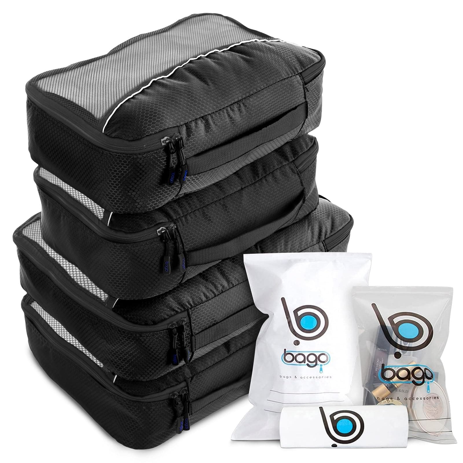 bago 7 Pcs Packing Cubes For Travel - 4 Packing Cube with 3 ZipLock Bags - Travel Cubes to Get Maximum Storage, Save Time & Effort to Pack - Happy Traveling (Black)