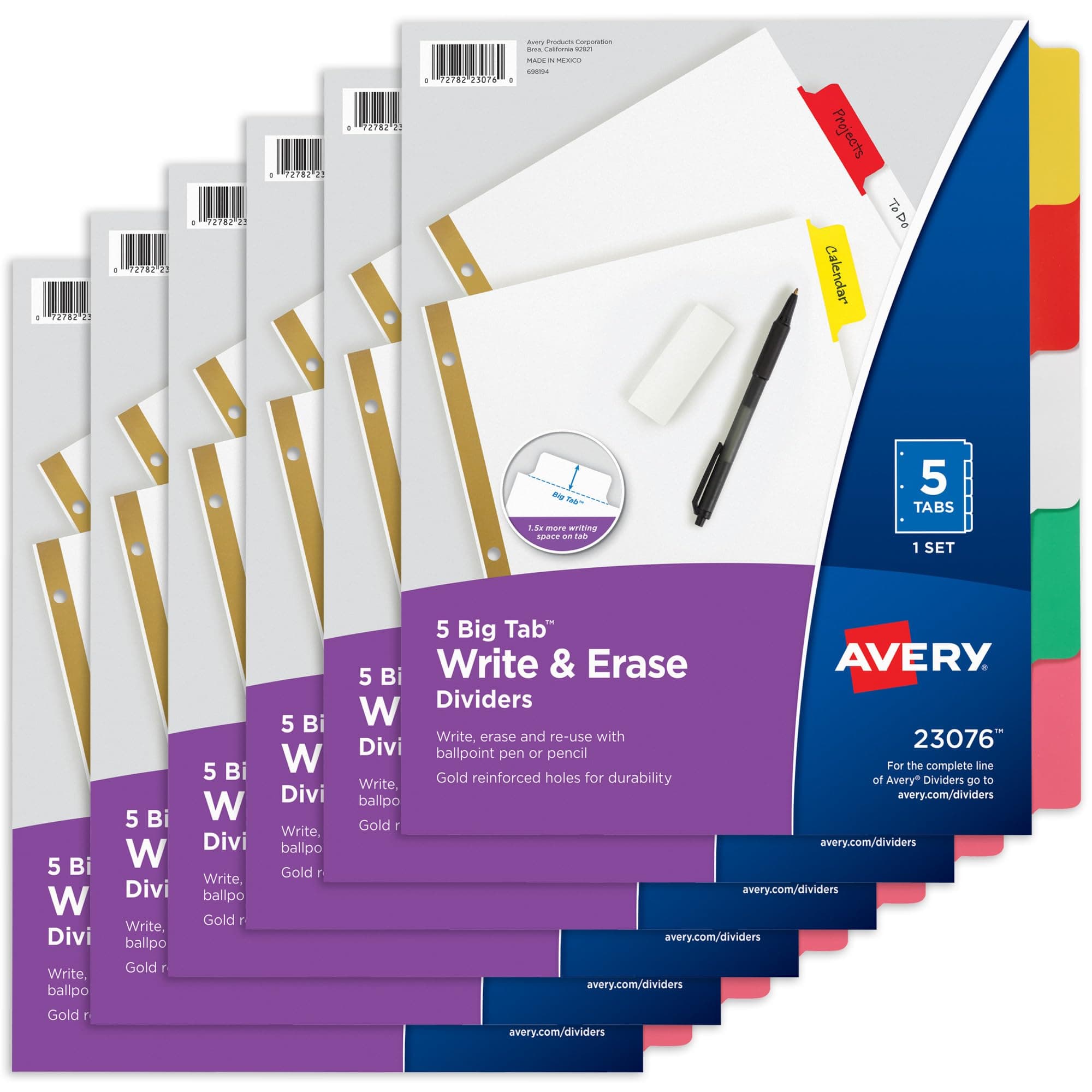 Avery Big Tab Write & Erase Dividers for 3 Ring Binders, 5-Tab Set, Multicolor Divider Tabs, Great for Organizing Projects, Reports, Finances, and More (6-Pack of 23076)