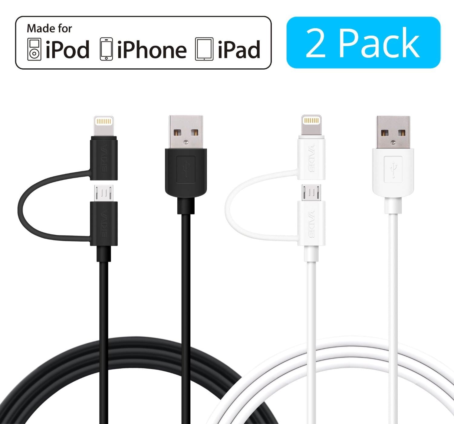 Apple MFi Certified Lightning Cables [2-Pack] USBLink Duo 2-in-1 Sync/Charge Cable (3.2 ft / 1m) with Lightning & microUSB for iPhone X 8 8Plus, Samsung S7 (1-Black & 1-White) [Model:CB149]