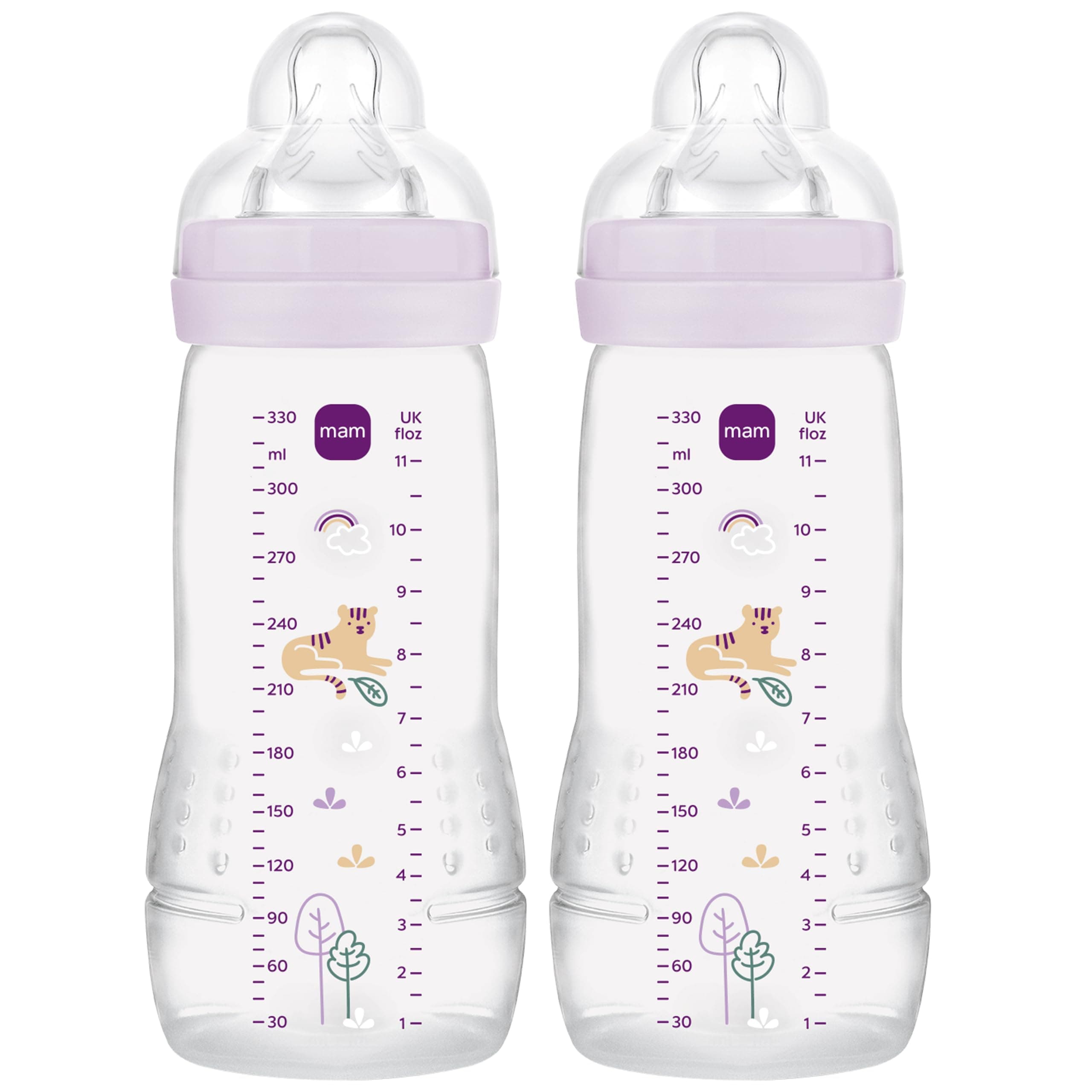 Easy Active Bottles | 2 Pack (2 x 330ml) | Fast Flow MAM Teats Size 3 | Baby Accessories | Iris (Various Designs)
