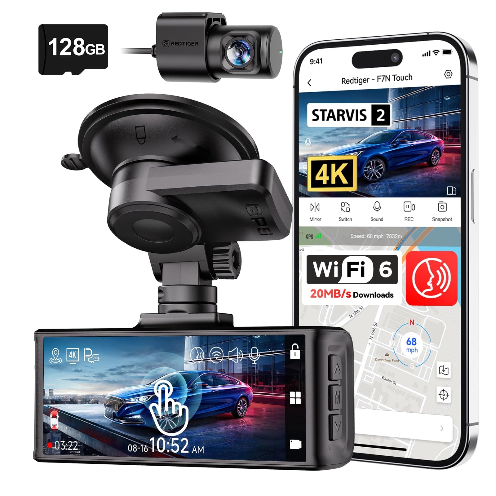 REDTIGER 4K Dash Cam Car Front Rear Touchscreen 3.18 Inch Free 64GB Map Dash Cam Car Integrated WiFi GPS, UHD 2160P Night Vision, WDR, Parking Monitor (F7N Touch)