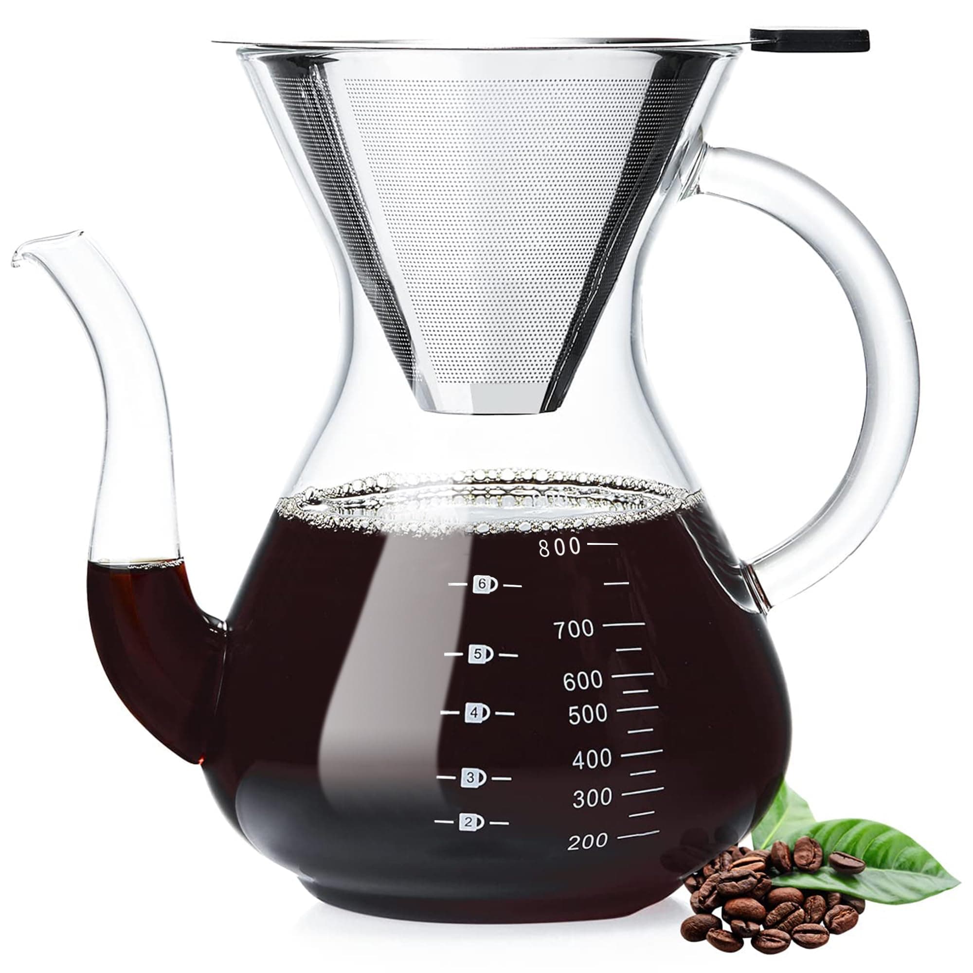 Unbreakable Pour Over Coffee Maker with Double Stainless Filter 8-Cup, Thickened Heat-Resistant Borosilicate Glass Pour Over Coffee Dripper, Stovetop Safe