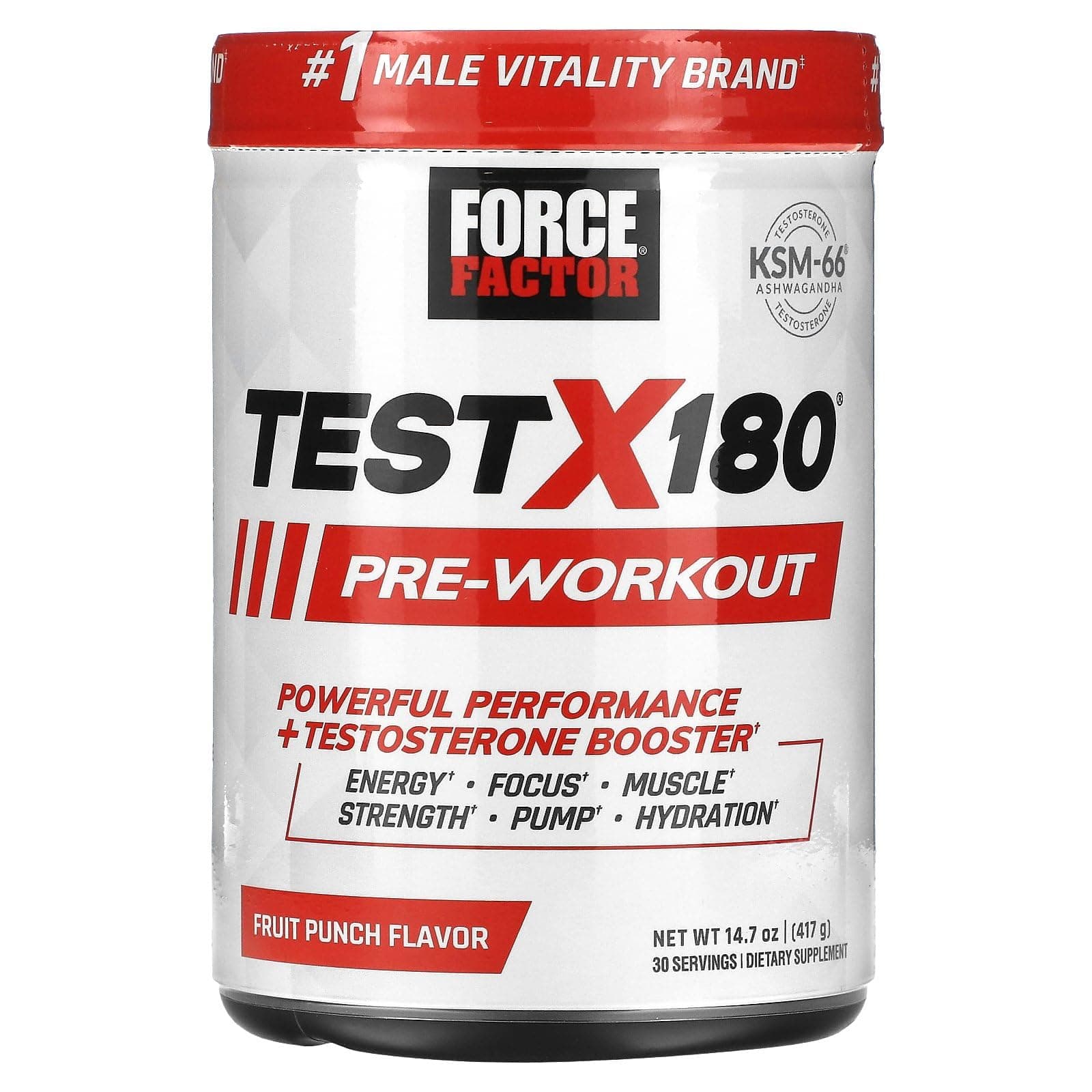 FORCE FACTOR Test X180 Pre-Workout Powder & Energy Supplement, Boost Focus & Endurance, Build Muscle & Strength, Nitric Oxide Supplement with Ashwagandaha & L-Citrulline, Fruit Punch, 30 Servings