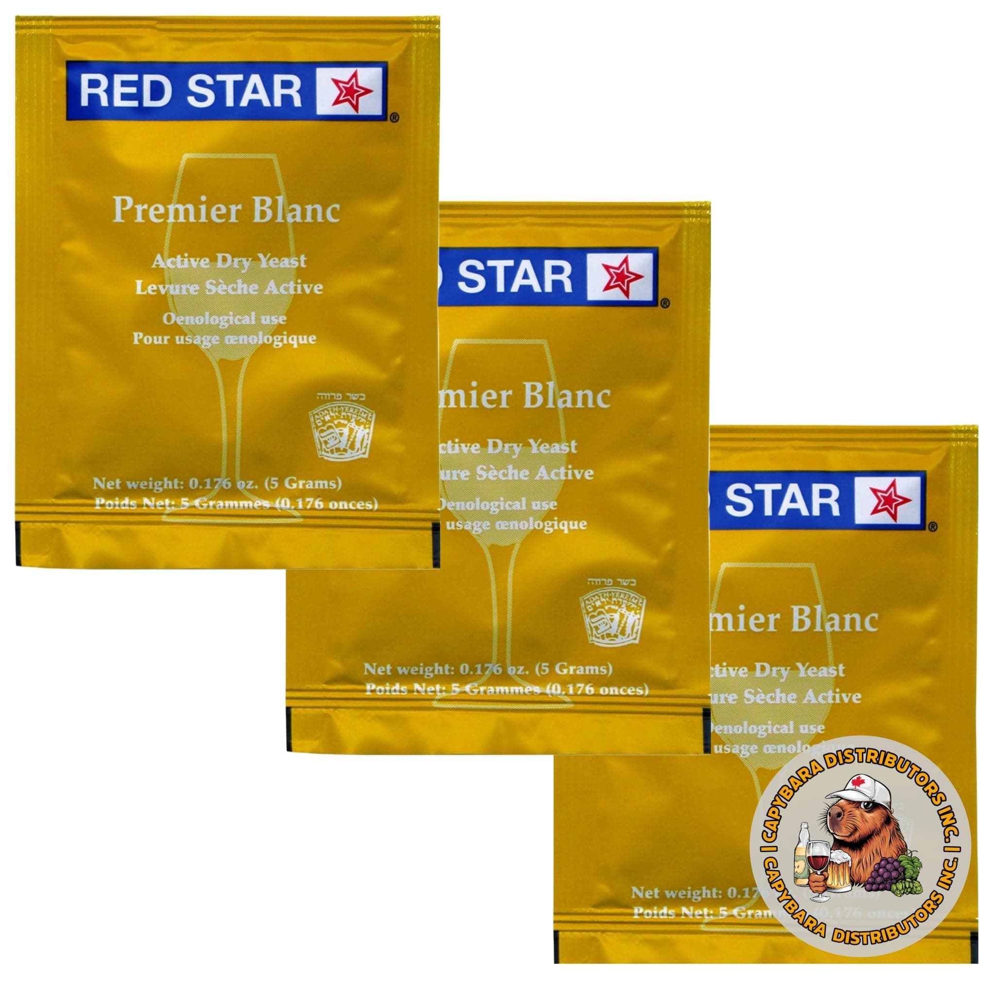 Red Star Premier Blanc Wine Yeast (3 Pack) - Great for Making Wine Cider Mead Kombucha at Home - 5 g Sachets - Saccharomyces cerevisiae - Sold by CAPYBARA Distributors Inc.