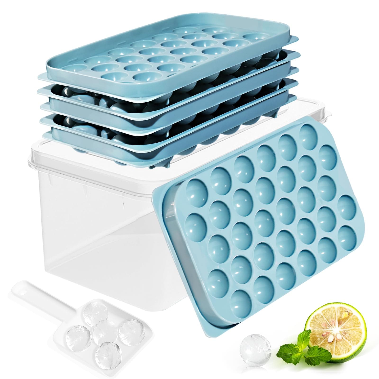 Ice Cube Trays with Lid and Bin, 0.8 IN Small Round Ice Cube Mold for Freezer - Easy Release Stackable Ice Ball Maker for Cocktail,Whiskey and Drinks,BPA-Free(0.8in/96 balls&box)