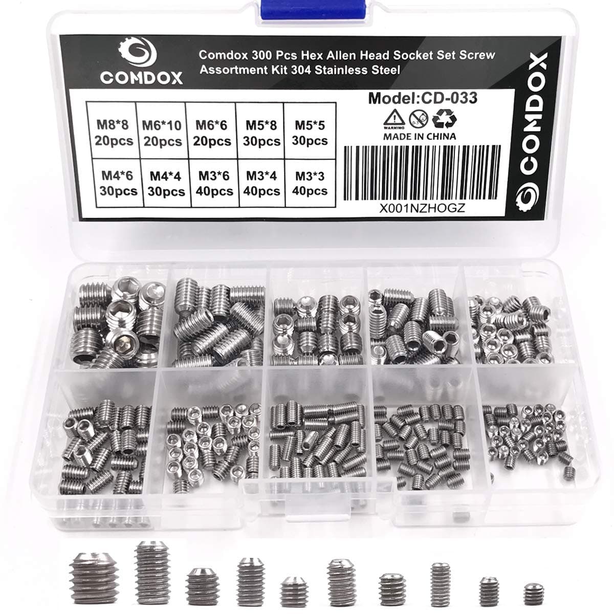 Comdox 300Pcs Allen Head Socket Hex Grub Screw Set Assortment Kit with Internal Hex Drive and Cup Point, 304 Stainless Steel, Metric (M3/4/5/6/8)