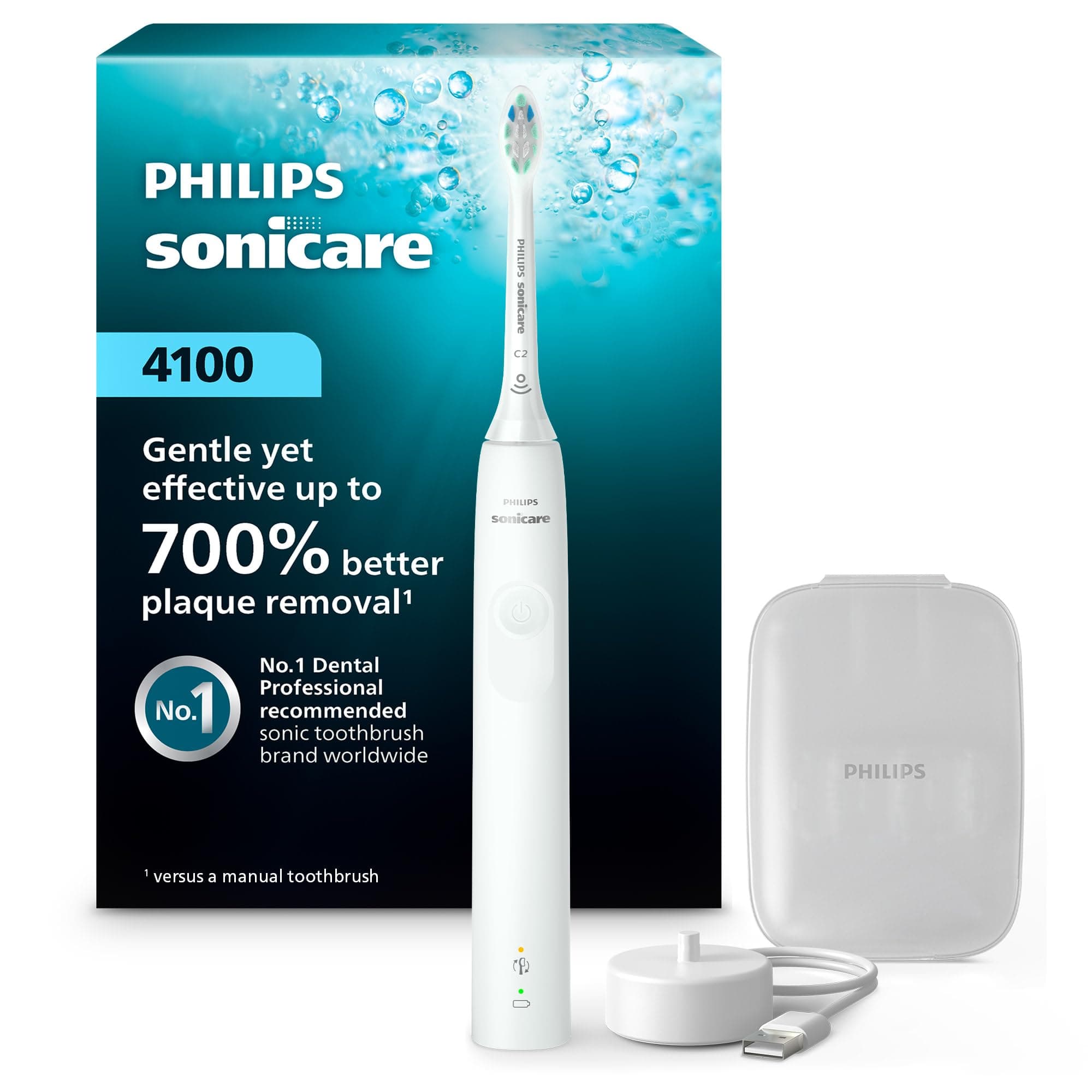 Philips Sonicare 4100 Power Toothbrush, White, Plus Brush Head Case