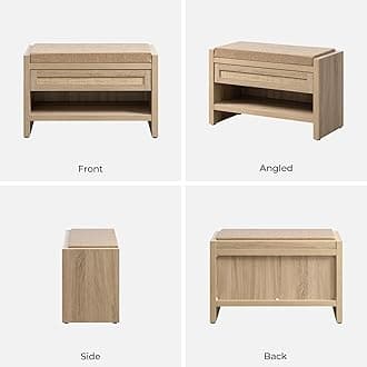 SICOTAS Rattan Shoe Bench Entryway Bench with Storage Drawer and Linen Seat Cushion, Farmhouse Boho Shoe Rack Bench with Shelf, Wooden Storage Bench for Entryway Hallway and Bedroom, Light Oak