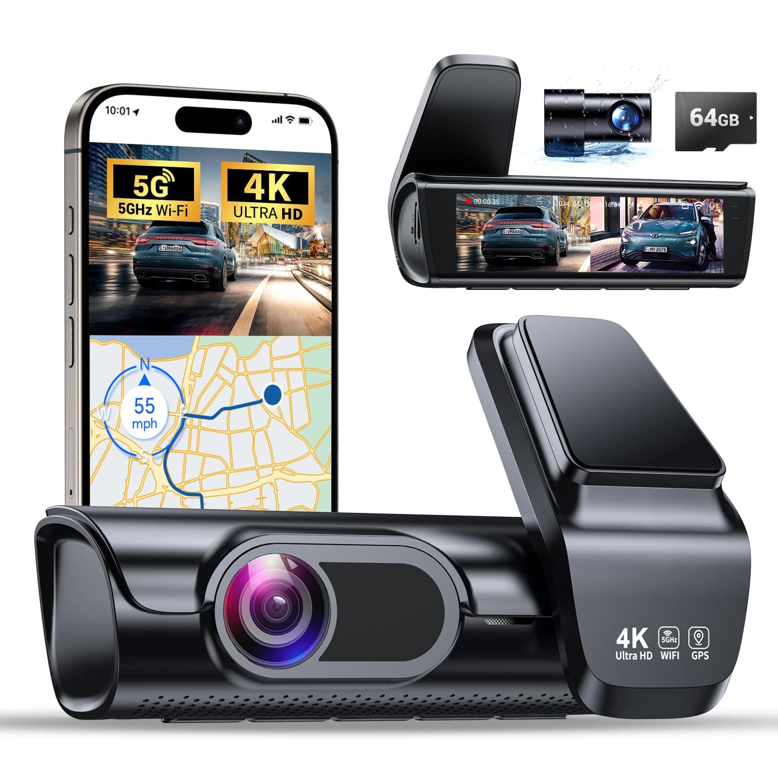 K600 4k Dash Cam Front and Rear, 3.59" IPS Screen, Built-in GPS 5G WiFi Dash Camera for Cars with App, UHD 2160P Night Vision Free 64G SD Card, 170° Wide Angle, HDR, 24H Parking Mode