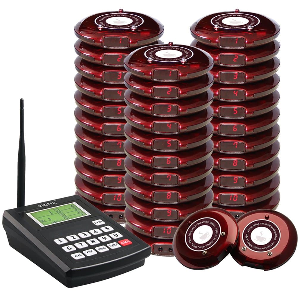 SINGCALL Coaster Paging System,Wireless Guest Paging & Queuing System,Notify Customers When The Dish is Ok, 1 Transmitter 30 Pagers(red)