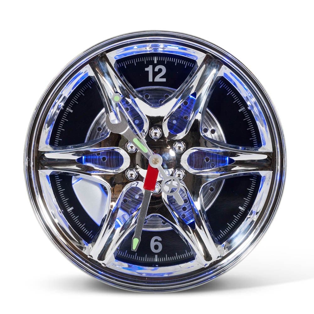 RED5 Wheel Rim Clock with Blue LED Light Battery Powered Wall Mountable Timepiece