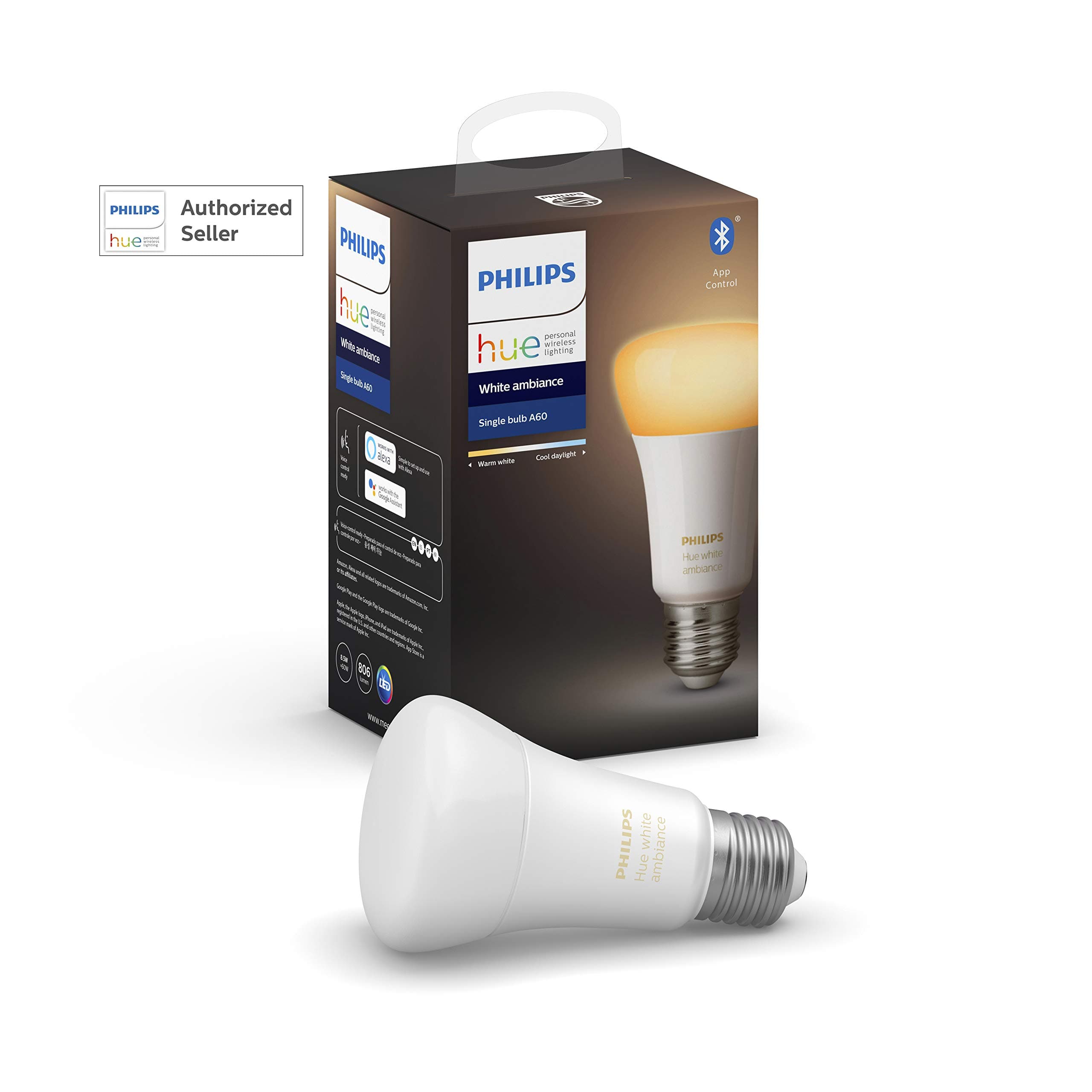 Hue UAE Ambiance LED Smart Bulb, Bluetooth & Zigbee compatible (Hue Bridge Optional), Works with Alexa & Google Assistant, White