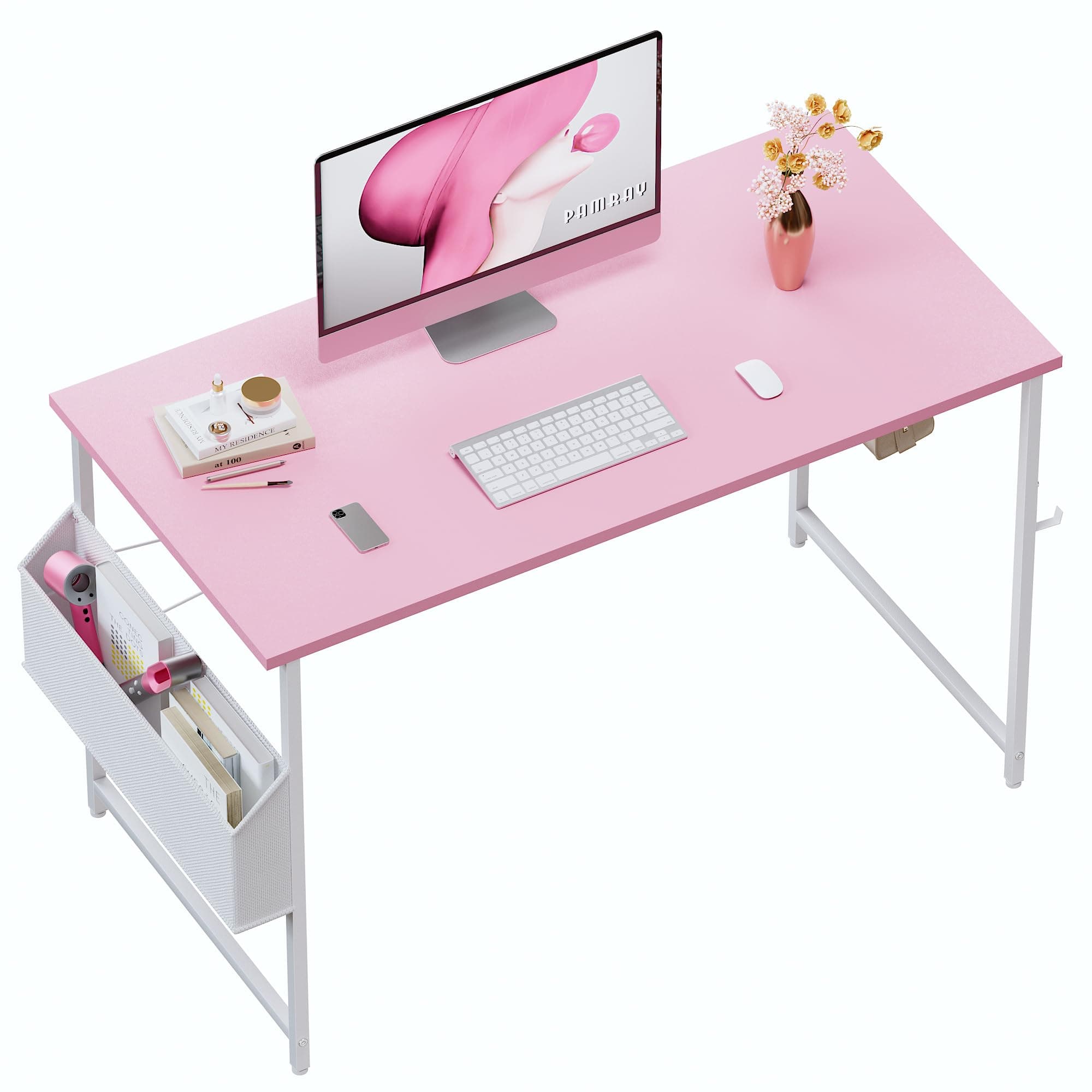 Pamray 47 Inch Computer Desk for Small Spaces with Storage Bag, Home Office Work Desk with Headphone Hook, Small Office Desk Study Writing Table