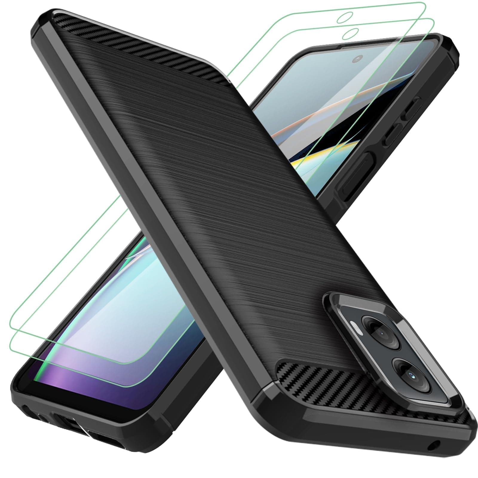 for Moto G-5G-2024 Case：with 2pcs Screen Protector Shock-Absorption Flexible TPU Rubber Protective Cell for Motorola Moto G 5G 2024 Phone Case Cover(Black)