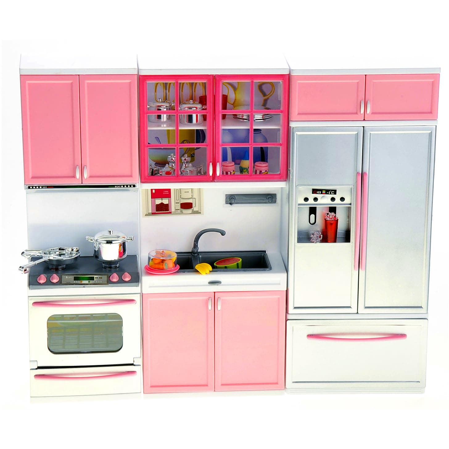 Doll Kitchen Play Set, Mini Modern Toy Pink Kitchen Pretend Play Furnitures Toy Set Accessories Set with Realistic Light & Sound for Kids Toddlers Girls (3-in-1)