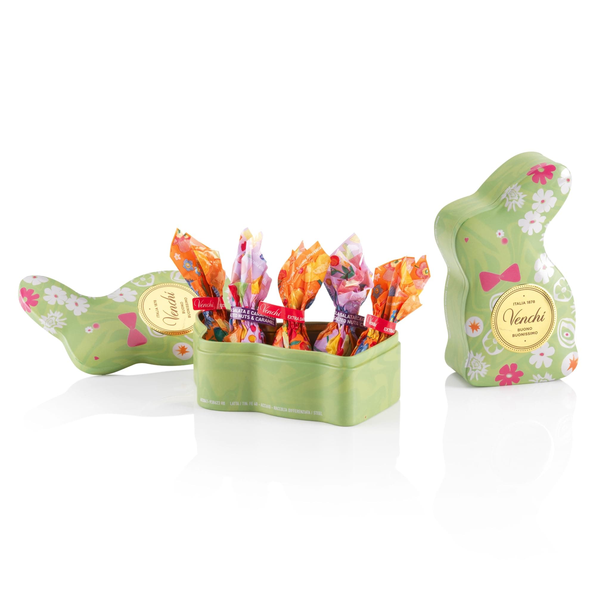 VenchiGreen Rabbit Shaped Tin with 6 Chocolate Eggs, Assorted Flavours with "Piedmont Hazelnut", Gluten-Free, 2.32 oz, Gift Idea for Mother's Day