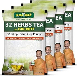 Jeena Sikho 32 Herbs Tea | Herbal Tea With Elaichi, Brahmi, Tulsi, Giloy, Laung, Gulab, Dalchini, Shank Pushpi tea for Body Detox and Wellness | Natural Detox Kahwa, 30gm (Pack of 4)