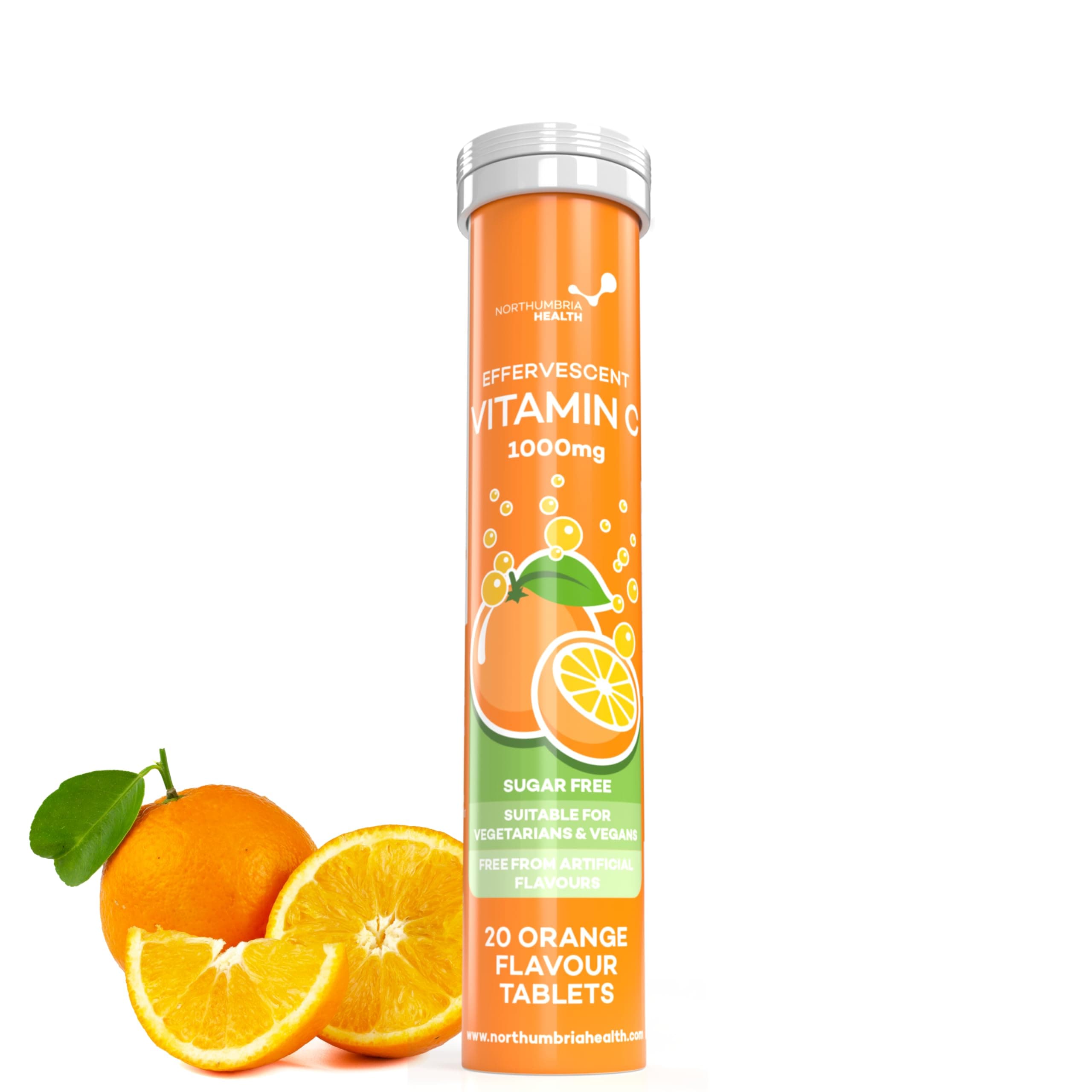 Effervescent Vitamin C Tablets, 20 Orange Flavoured Tablets, High Strength, Immune Support, Essential for Normal Collagen Formation, Vegan, Made by Northumbria Health