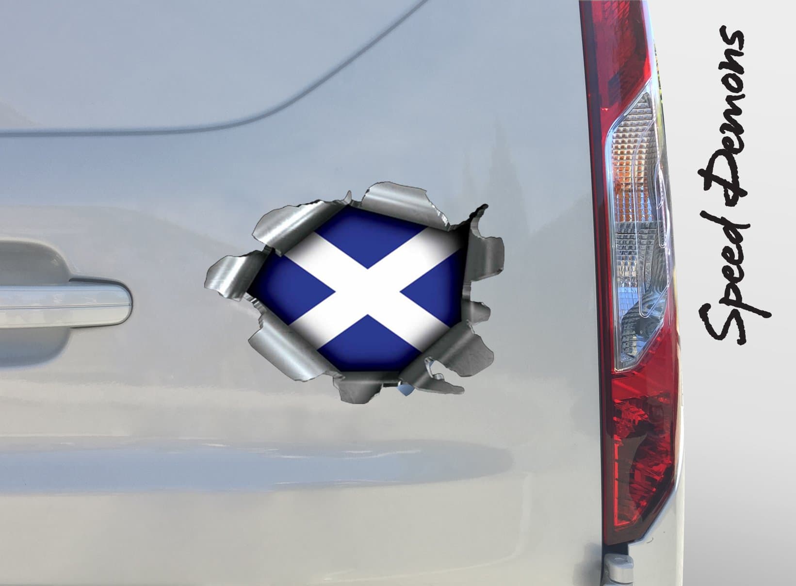 Extra Large Speed Demons Pride Burst RIP Torn Tear Sticker SELF Adhesive Graphic for Any Surface Including Laptop and Cars - Scottish Flag