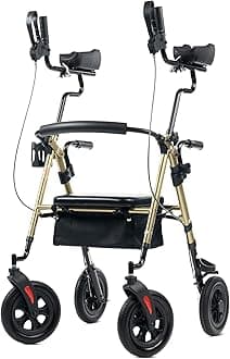 ELENKER All-Terrain Upright Rollator Walker with Padded Seat, 10" Wheels for Seniors, Champagne