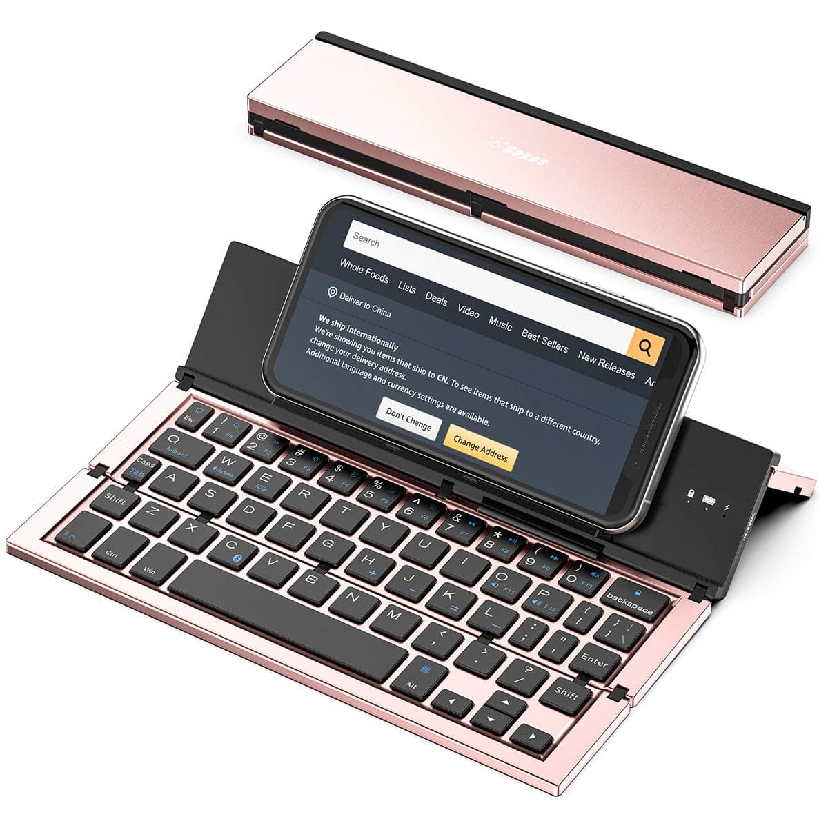 Geyes Bluetooth Keyboard Foldable Portable Folding Travel Keyboard for iPhone 15 Pro Plus/Xs/max/x/14/13 /12/11 /iPad/iPad mini 4, Samsung Android Tablet Smart Phone (Rose Gold)