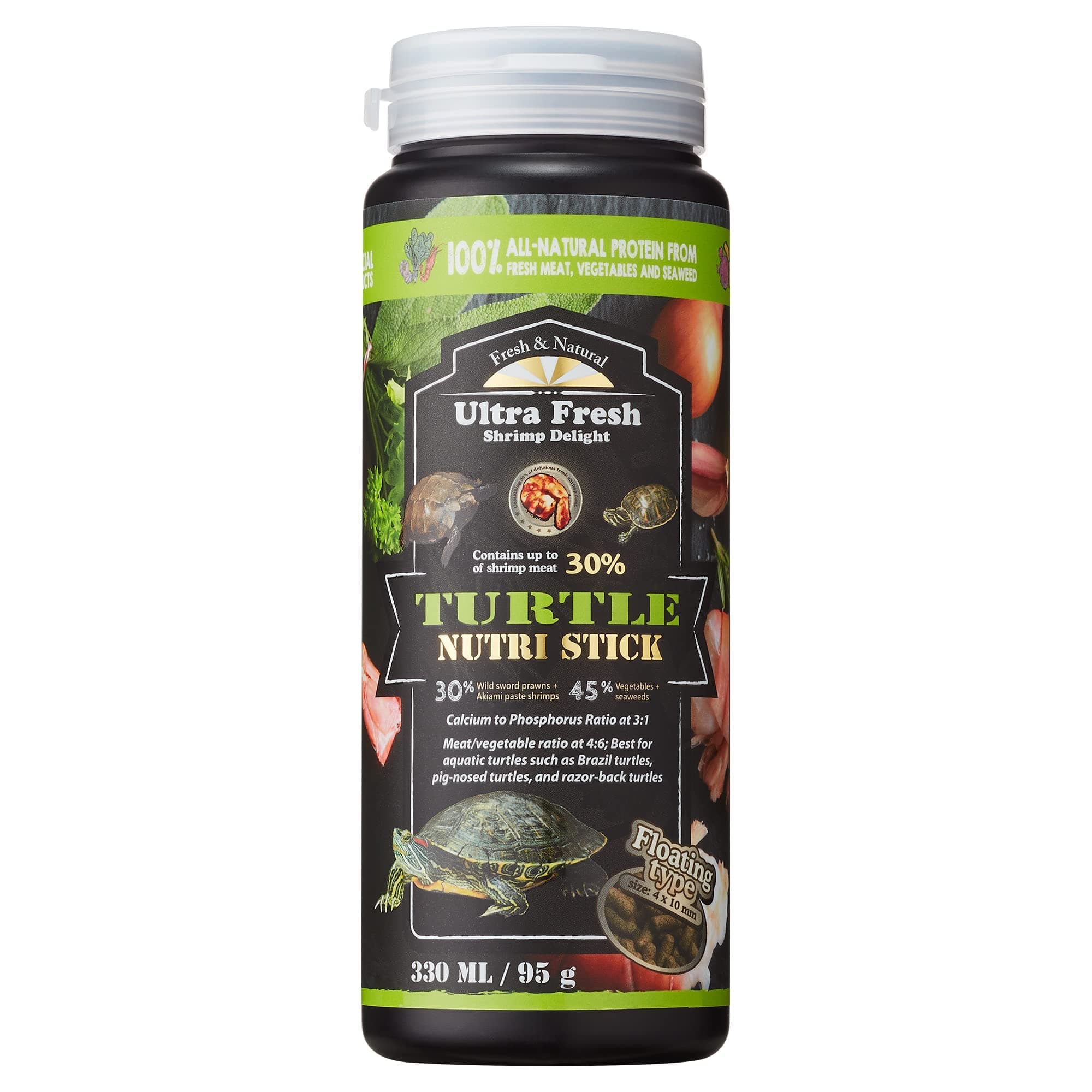 Ultra Fresh - Turtle Nutri Stick, Wild Sword Prawn, Calcium & Vitamin D Enriched Aquatic Turtle Food with Probiotics for Picky Turtles, Made from All Natural Ingredients 3.35 oz