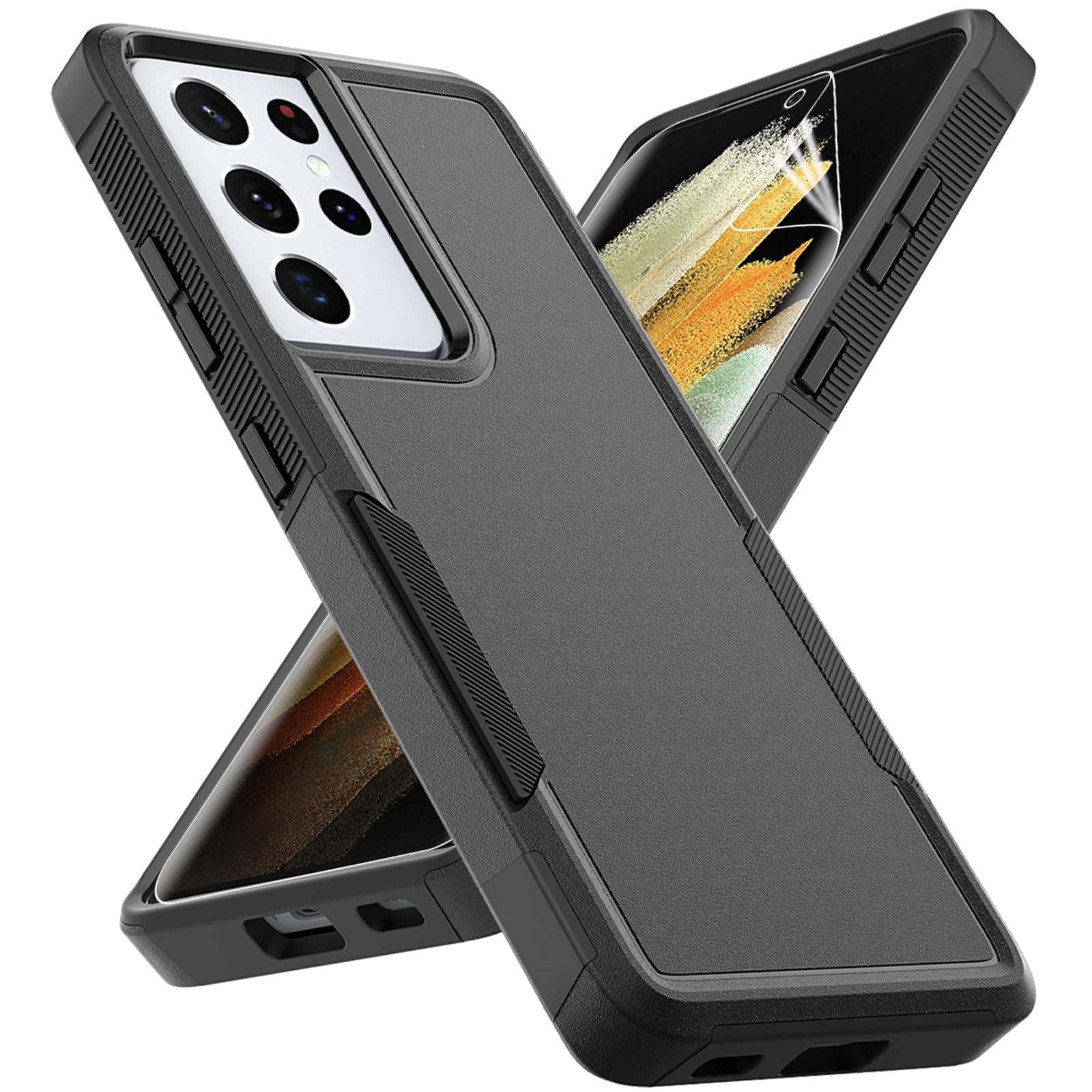 for Samsung Galaxy S21 Ultra Case: Dual Layer Protective Heavy Duty Cell Phone Cover Shockproof Rugged with Screen Protector - Military Protection Bumper Tough - Samsung Galaxy S21 Ultra 5G, Black