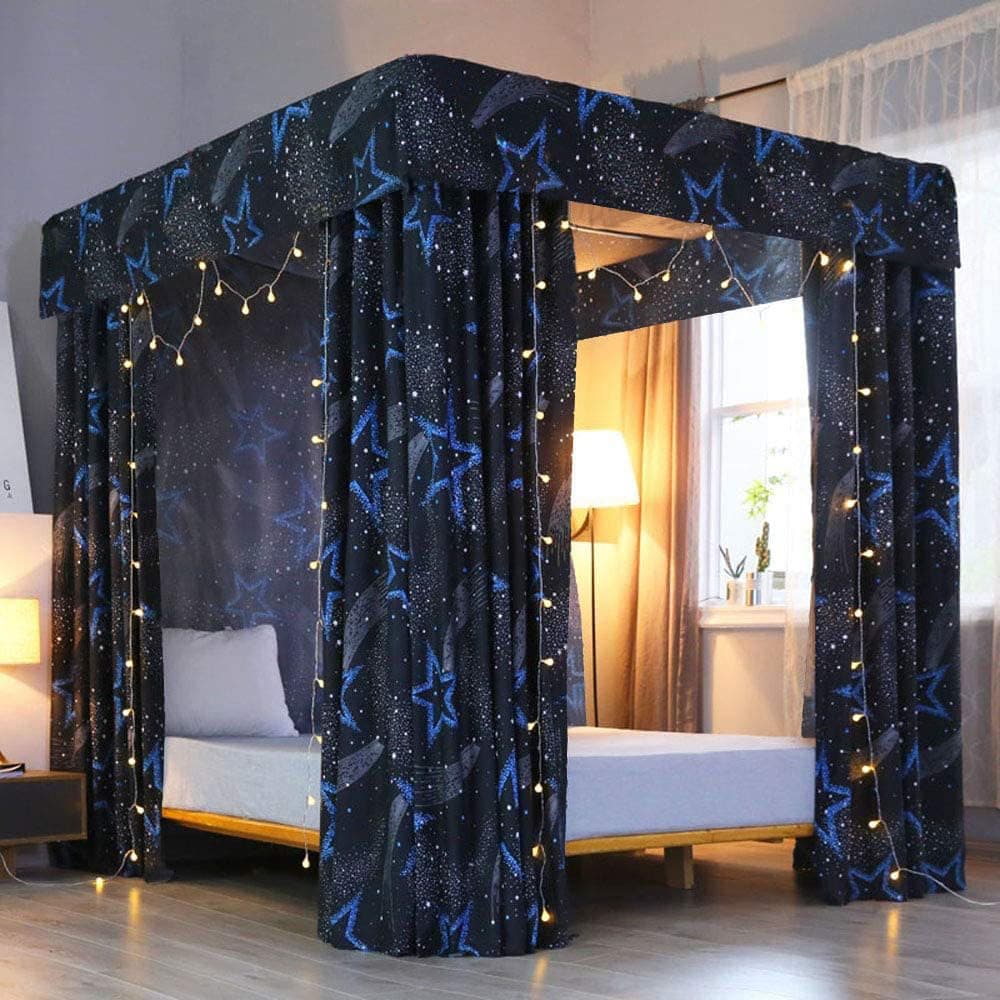Galaxy Four Corner Post Star Canopy Bed Curtains Twin Size,Bed Drapes Bed Canopy Cover Galaxy Bed Curtains for Boys Kids Bedroom Decoration