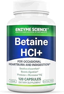 Enzyme Science Betaine HCl with Pepsin - Supplement for Low Stomach Acid - Betaine Hydrochloride Supplement - Digestive Enzymes - Enzimas Digestivas - 120 Capsules