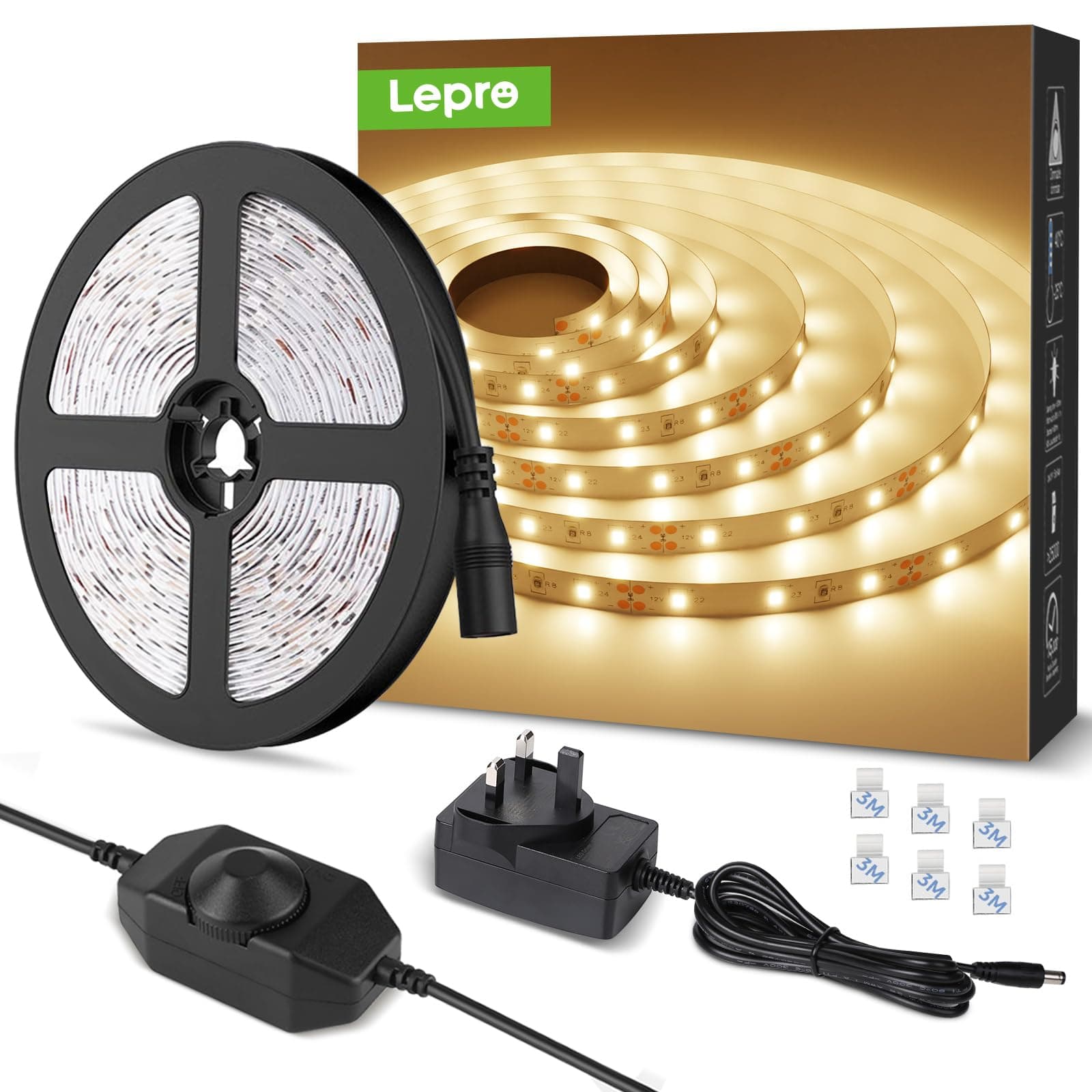 Lepro Warm White LED Strip Light 5M 300 LEDs, 1650lm Dimmable LED Tape Lights, 3000K Flexible LED Lights for Bedroom Kitchen Under Cabinet Wardrobe Stair (12V Power Plug and Dimmer Switch Included)